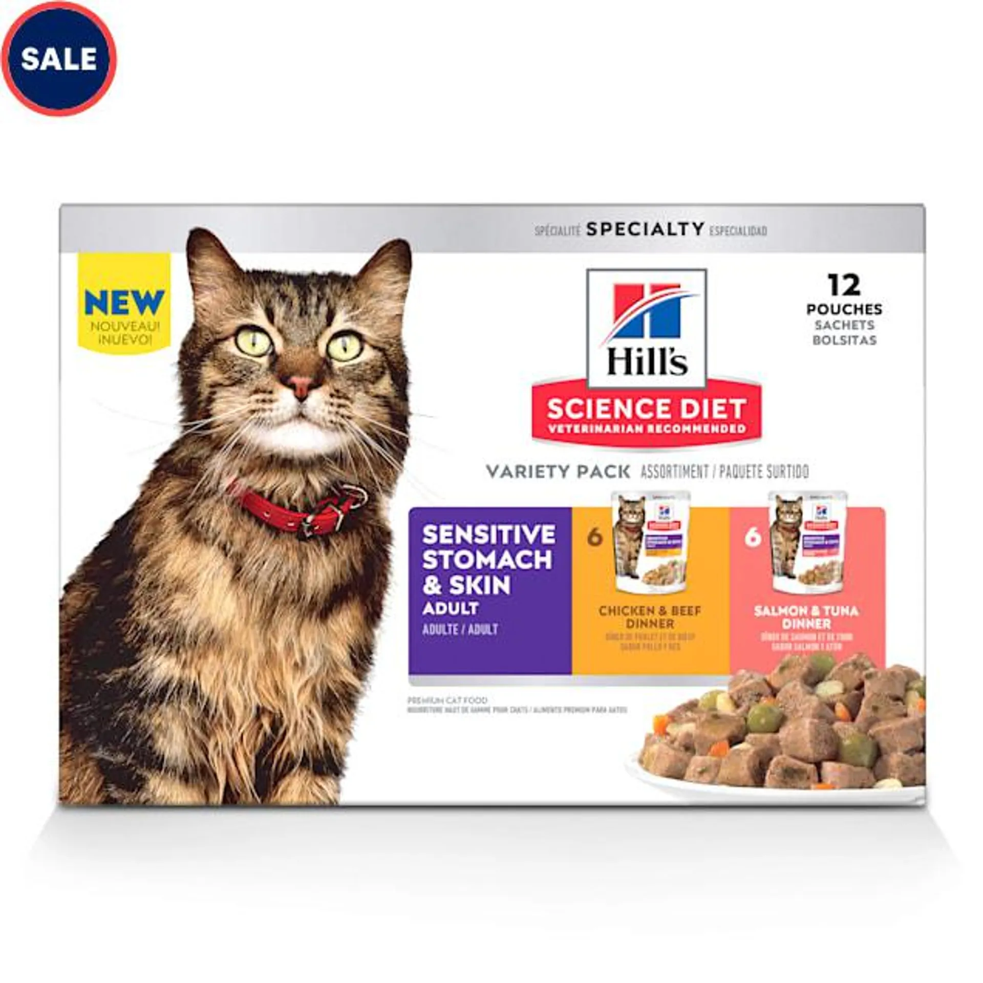 Hill's Science Diet Adult Cat Sensitive Stomach & Skin Chicken & Beef and Salmon Pouches Variety Pack, 2.8 oz., Pack of 12