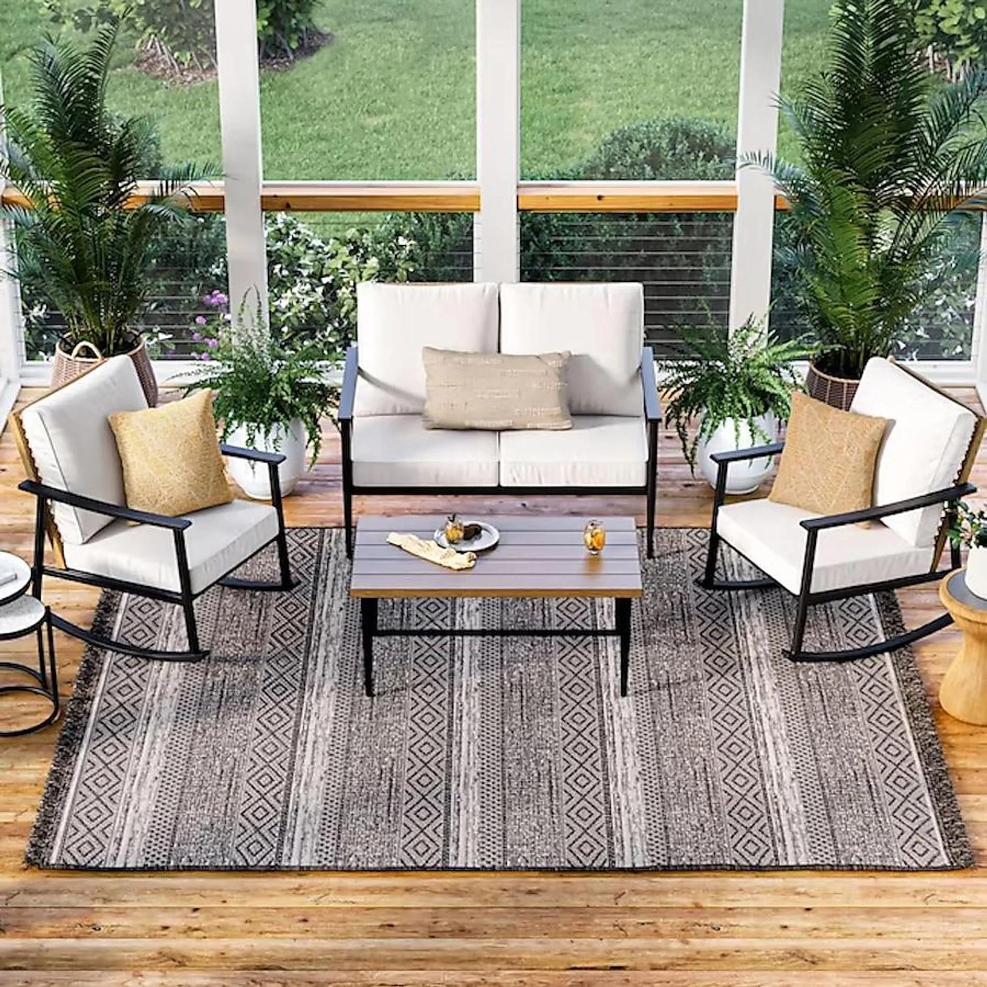 Origin 21 Neutral Geo Stripe 8 x 10 (ft) Flatweave Polypropylene Neutral Rectangular Outdoor Stripe Global Area rug