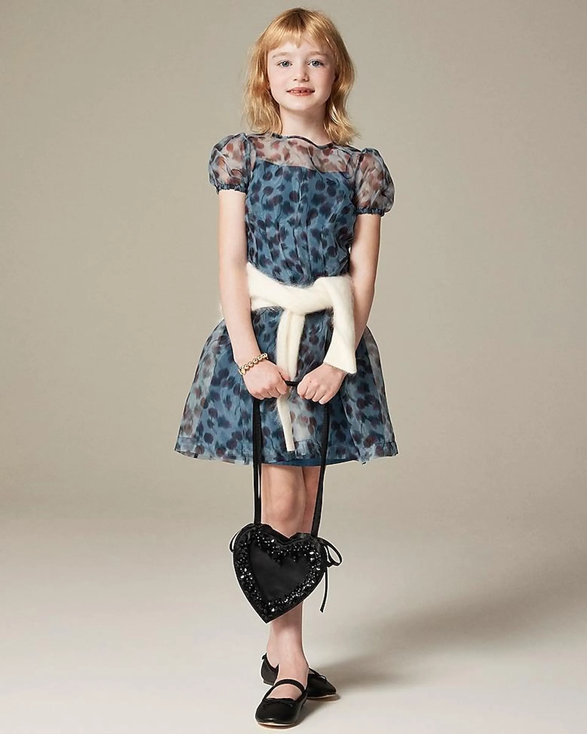 Girls' puff-sleeve organza dress in blurry cherries print