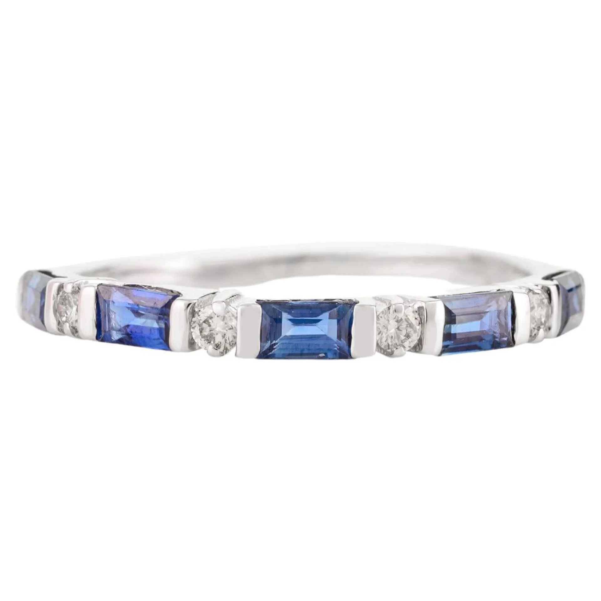 Minimal Baguette Blue Sapphire Diamond Half Eternity Band Ring in 14k White Gold