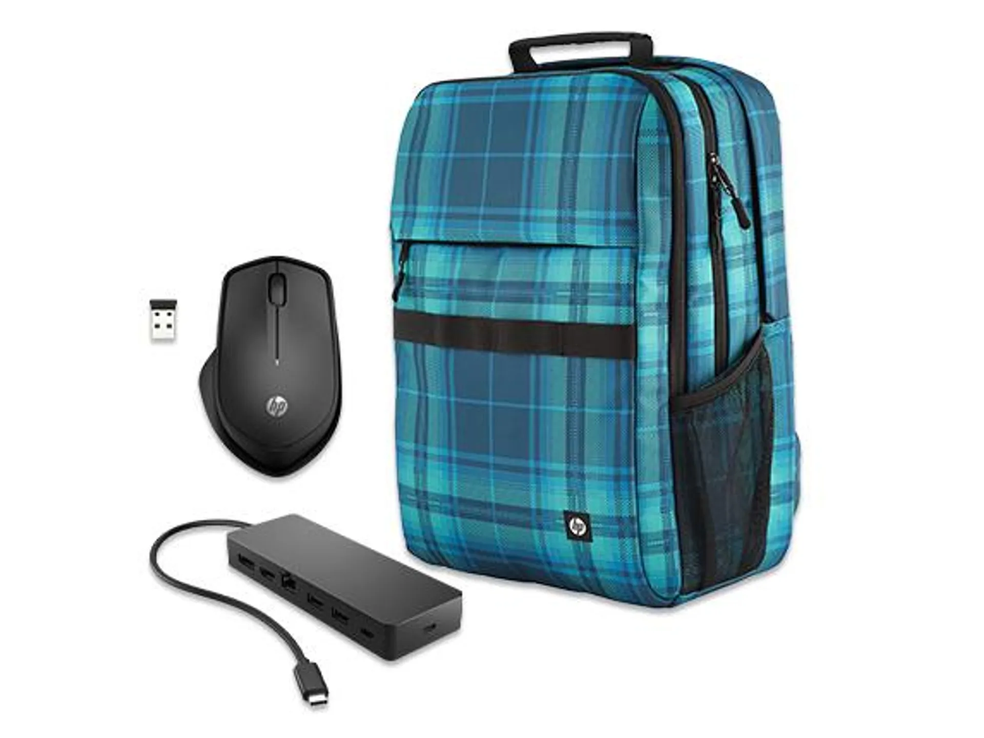 HP USB-C Hub, Wireless Mouse and Plaid Backpack Bundle for Campus