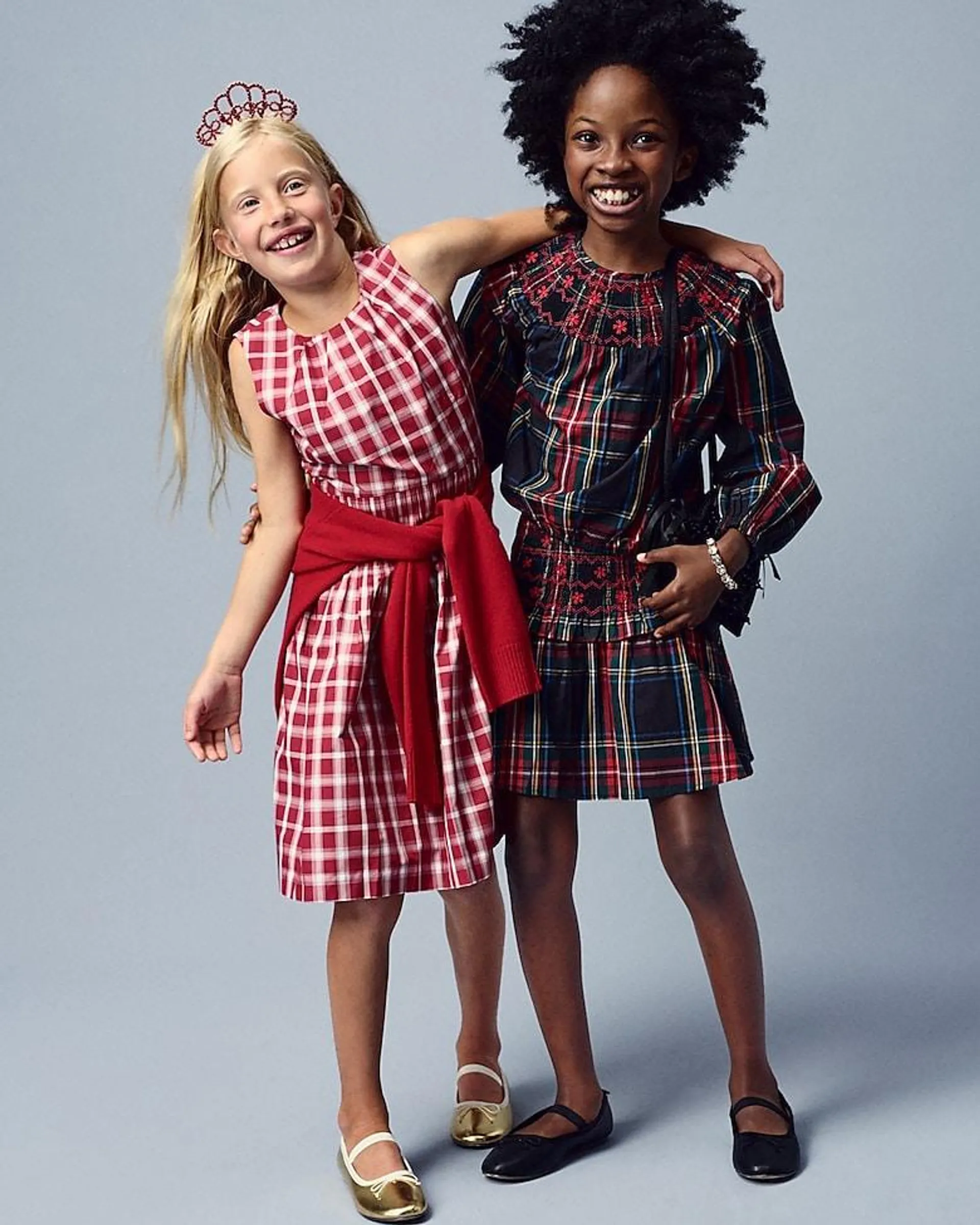 Girls' plaid pintuck midi dress in taffeta