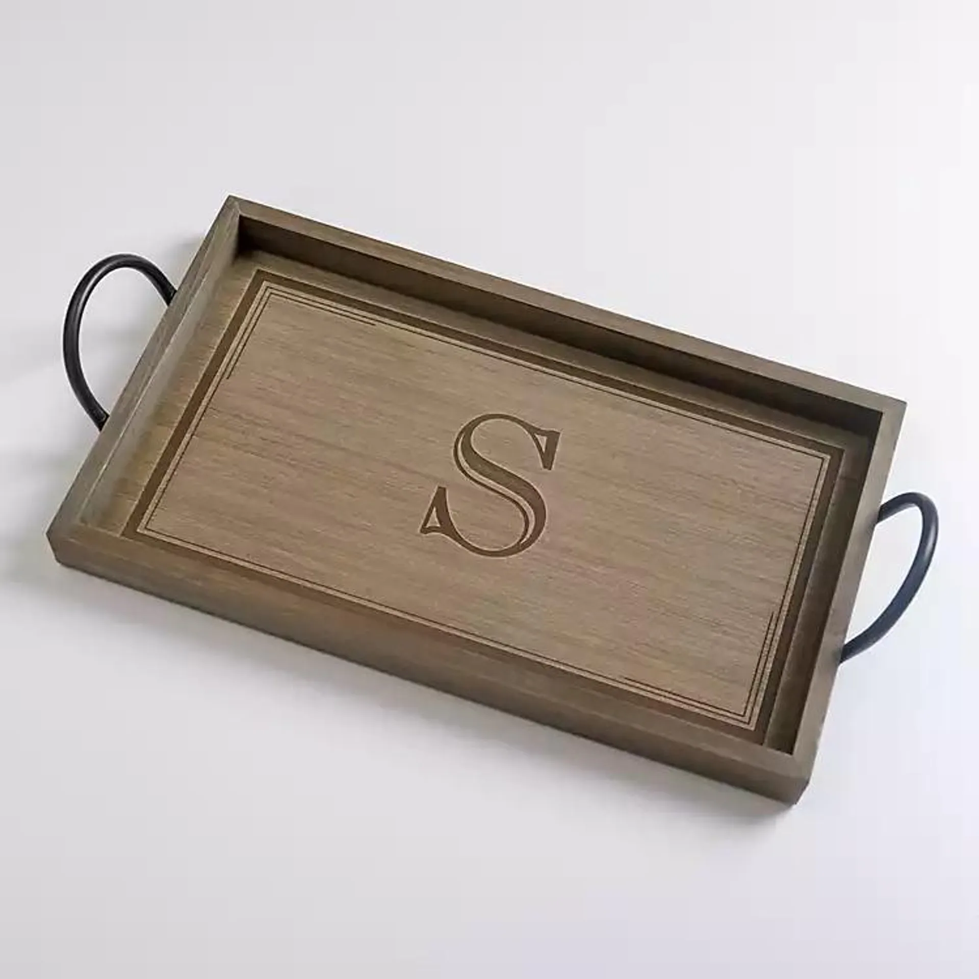 Gray Wash Wood Monogram S Tray