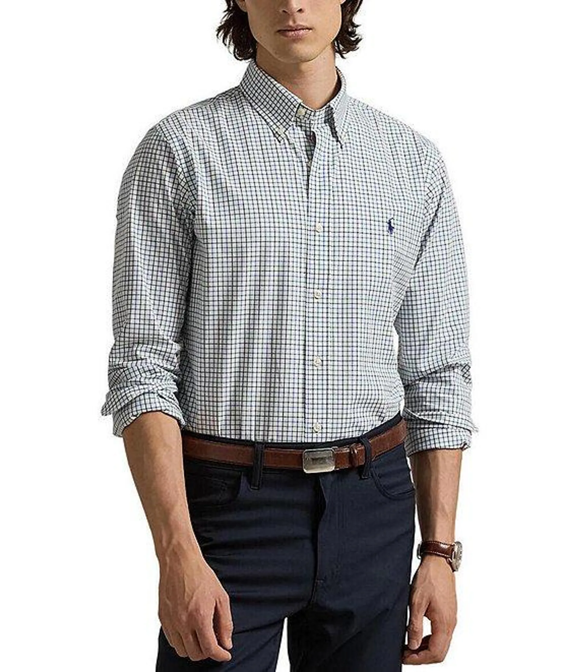 Classic Fit Plaid Stretch Poplin Long Sleeve Woven Shirt