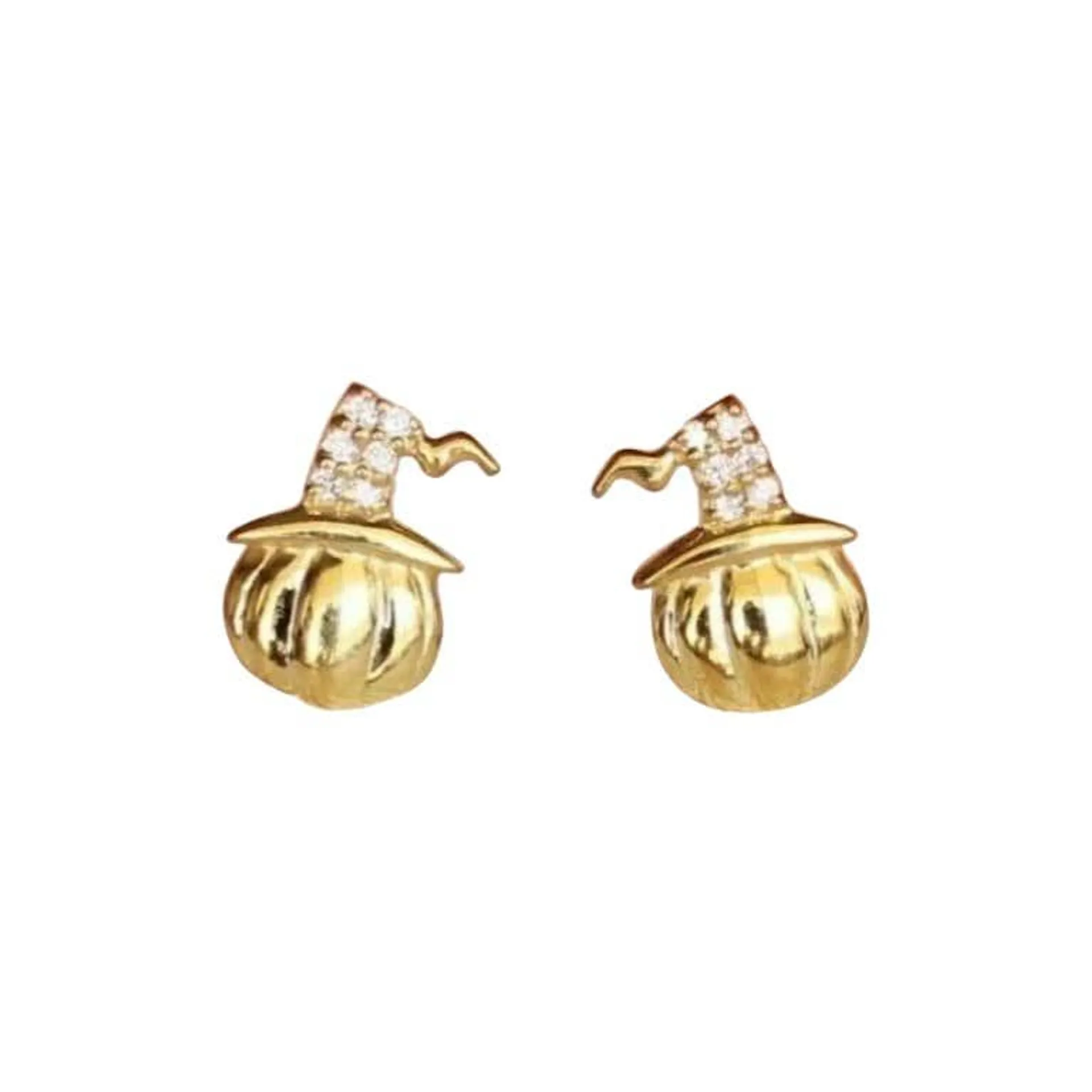 Pumpkins Studs Piercing 14k Solid Gold Witch Hat Minimalist Diamond Ear Studs.