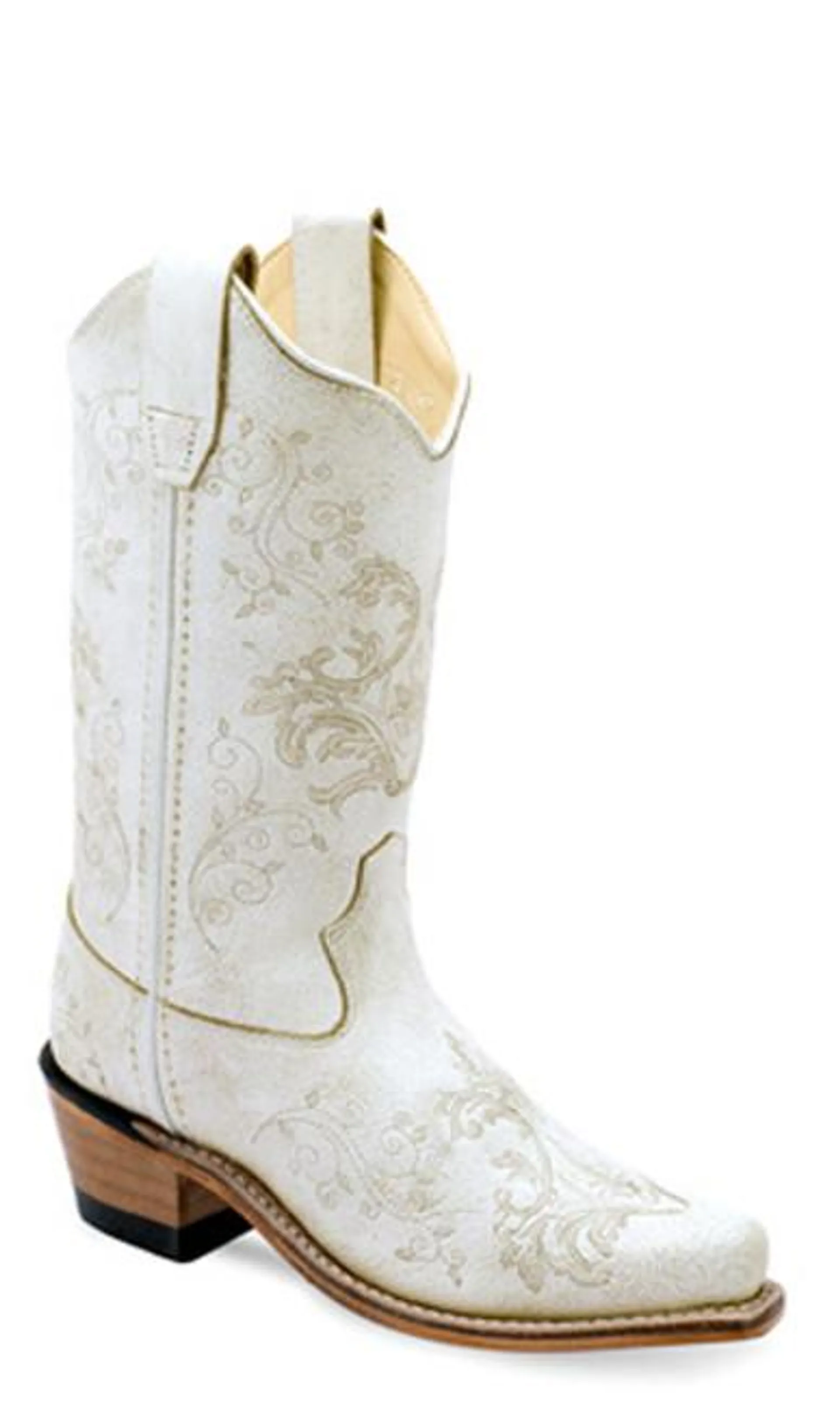 Jama Boots Girl's Fashion Snip Toe 8" White Leather Boots with Gold Floral Design