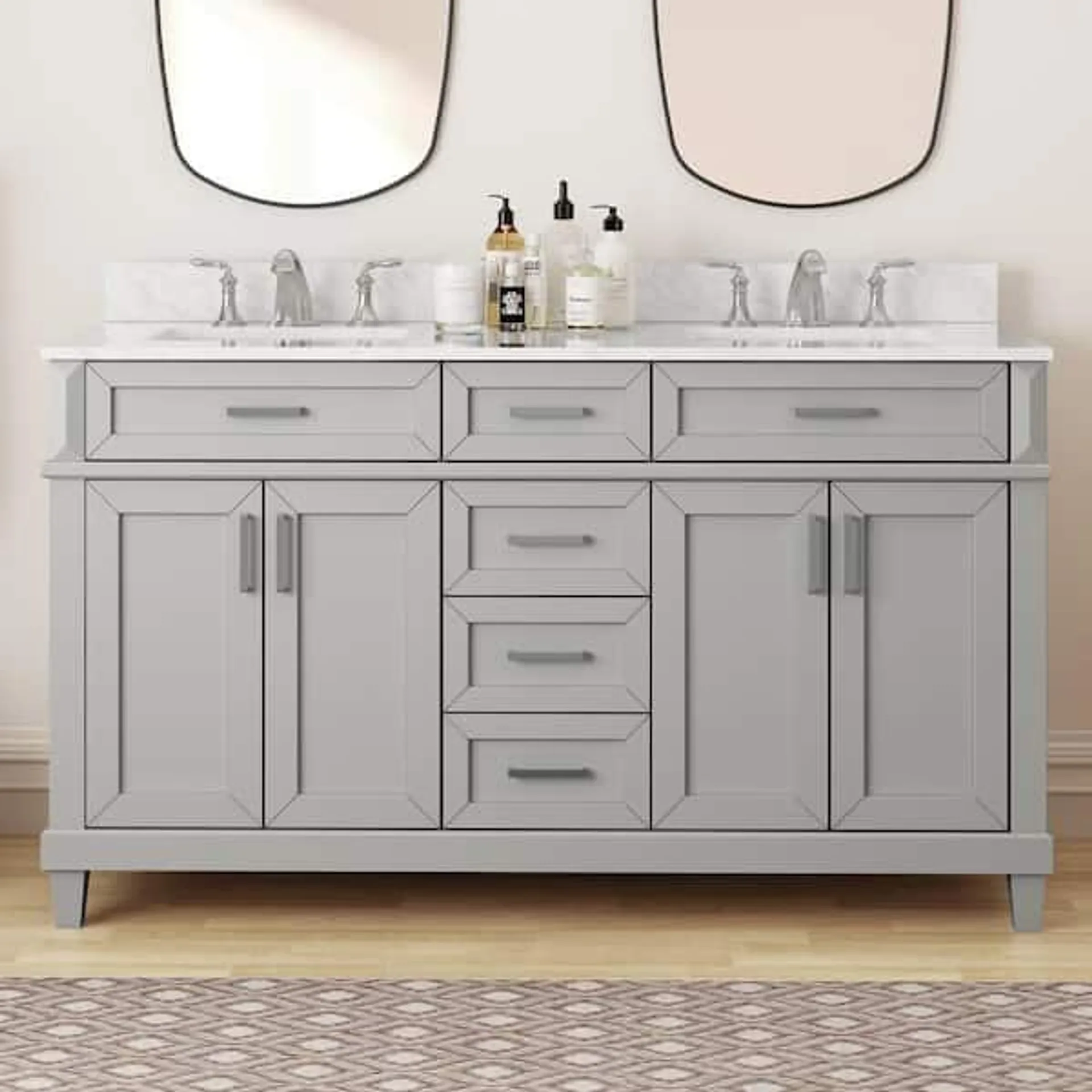 Talmore 60 in. Double Sink Sky Grey Bath Vanity with White Engineered Carrara Marble Top (Assembled)