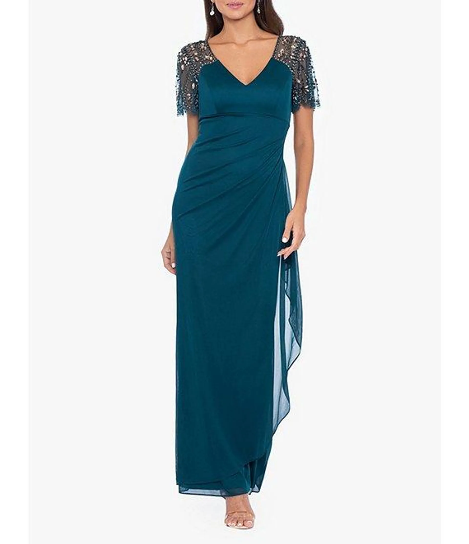 Short Beaded Sheer Flutter Sleeve Cascading Draped Waist V-Neck Beaded Gown