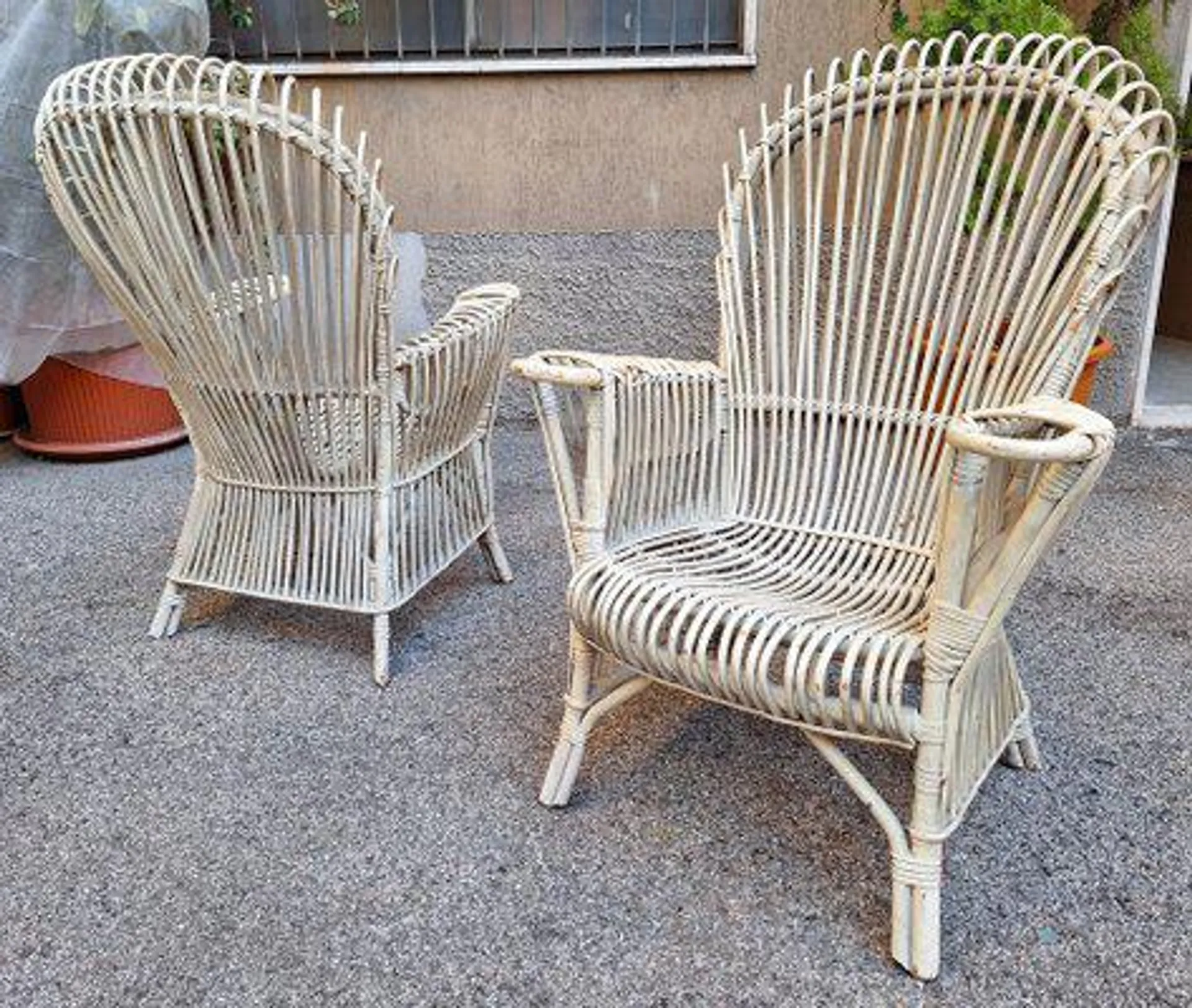 Armchairs in Malacca and Bamboo Laquered White, 1960s, Set of 2