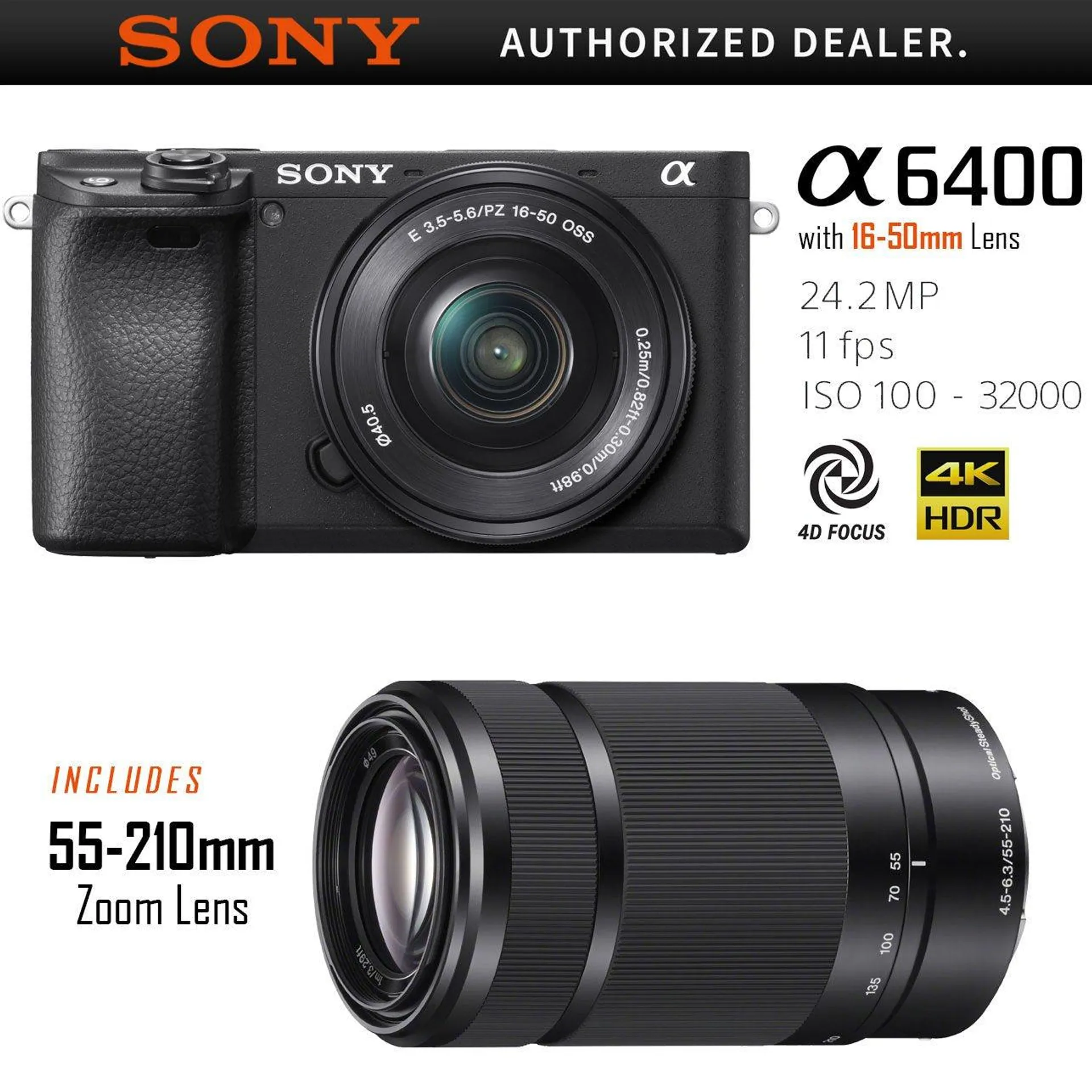 Sony a6400 Mirrorless APS-C Camera with 16-50mm and 55-210mm Zoom Lens (ILCE-6400L)