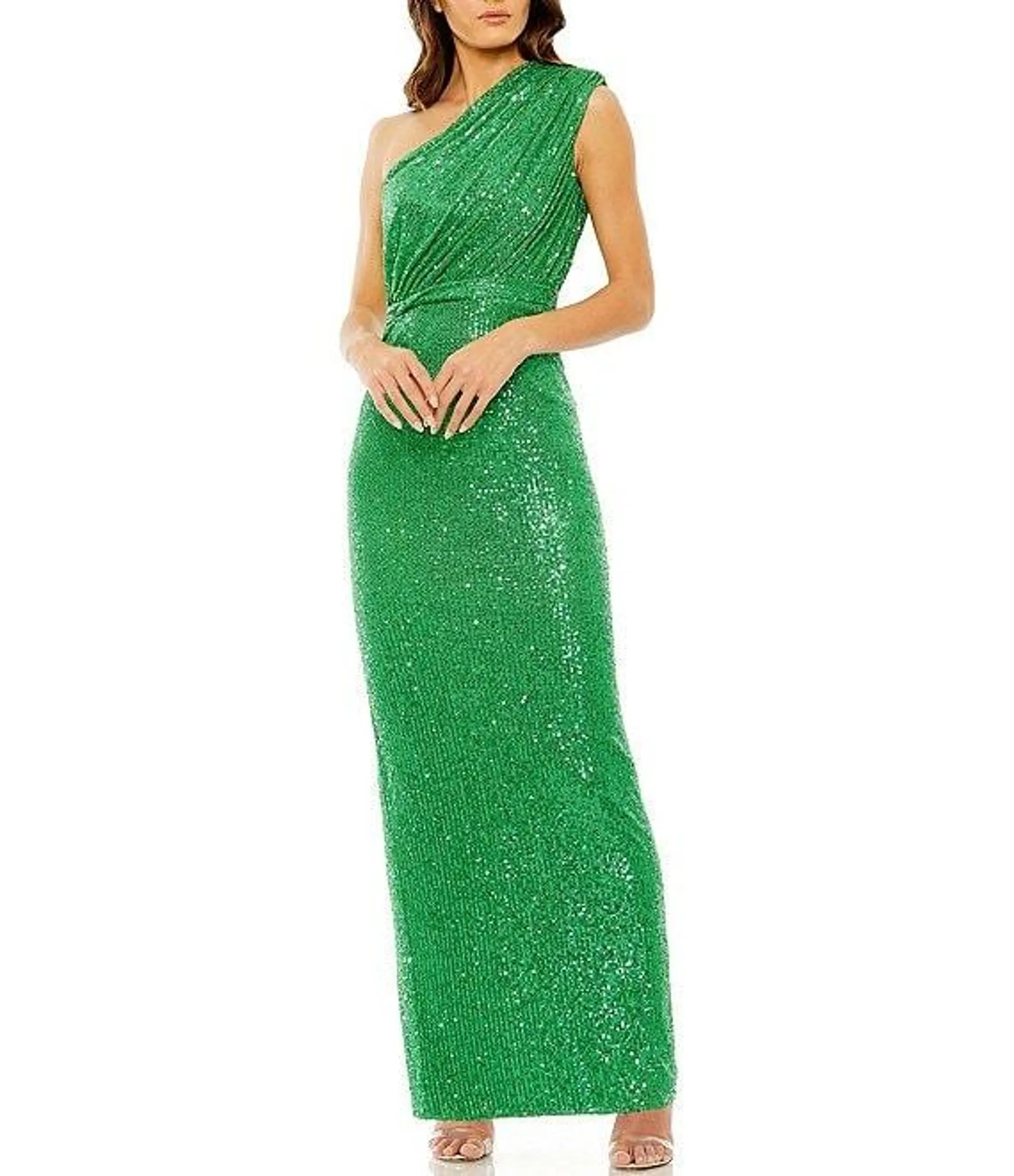 Sequin Ruched One Shoulder Gown