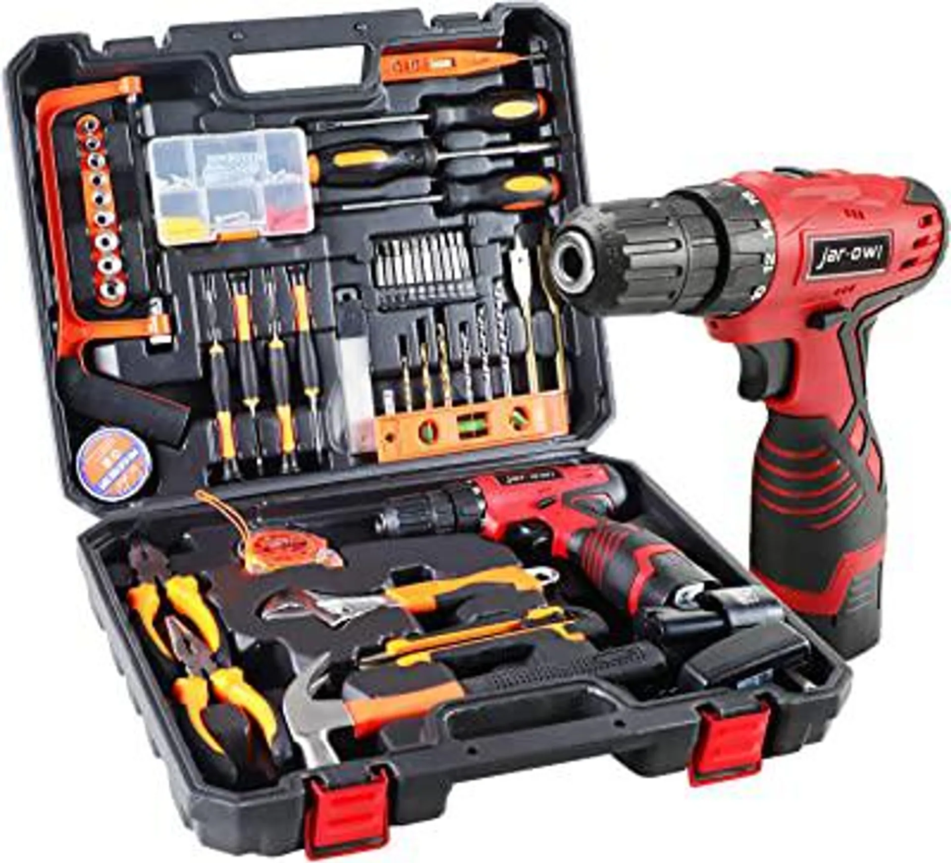 108 Piece Power Tool Combo Kits with 16.8V Cordless Drill, Household Tools Set with DIY Hand Tool Kits for Professional Garden Office Home Repair Maintain-Black/Red