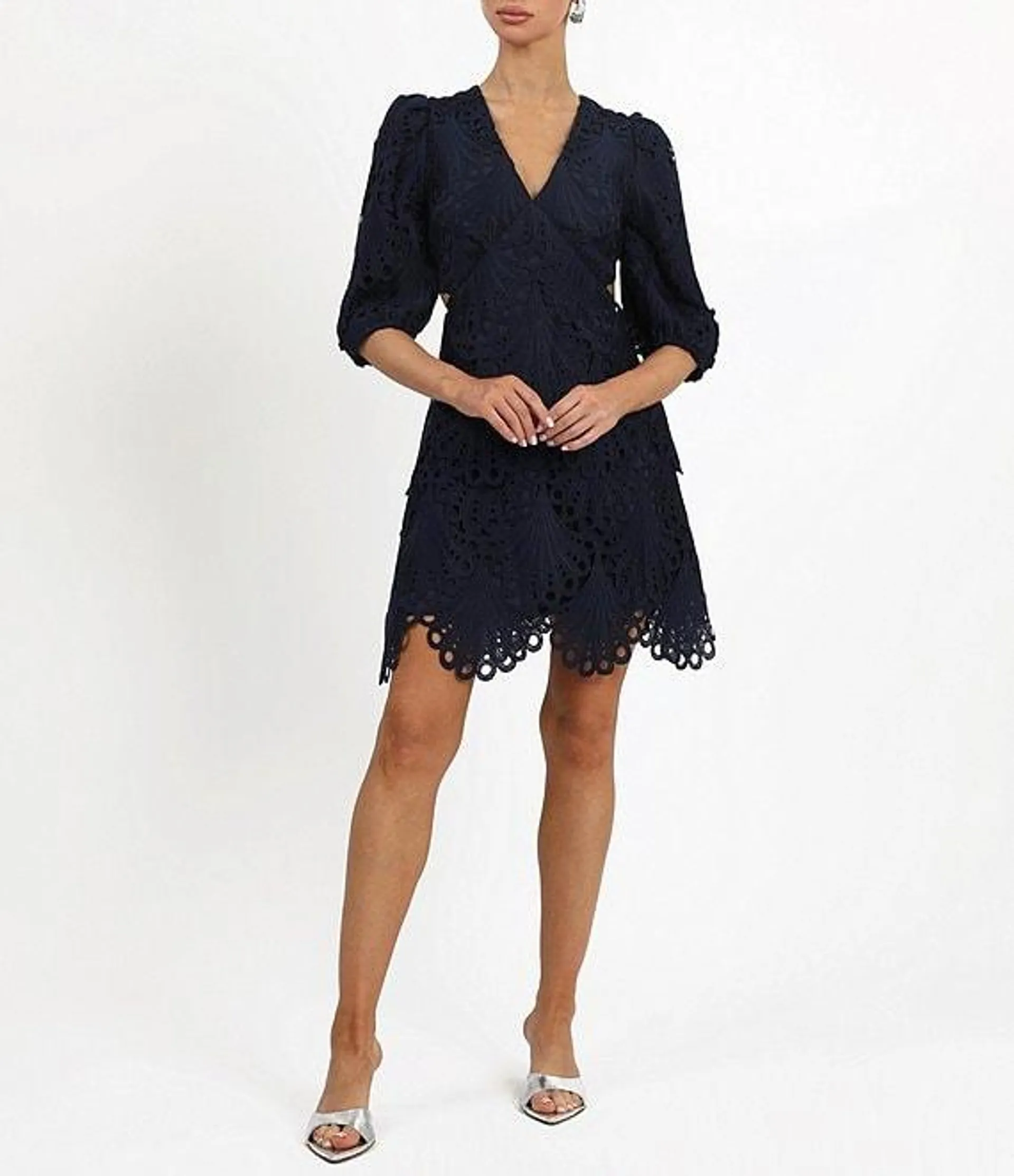 Lace V Neckline 3/4 Sleeve Cut Out Tiered Mini Dress