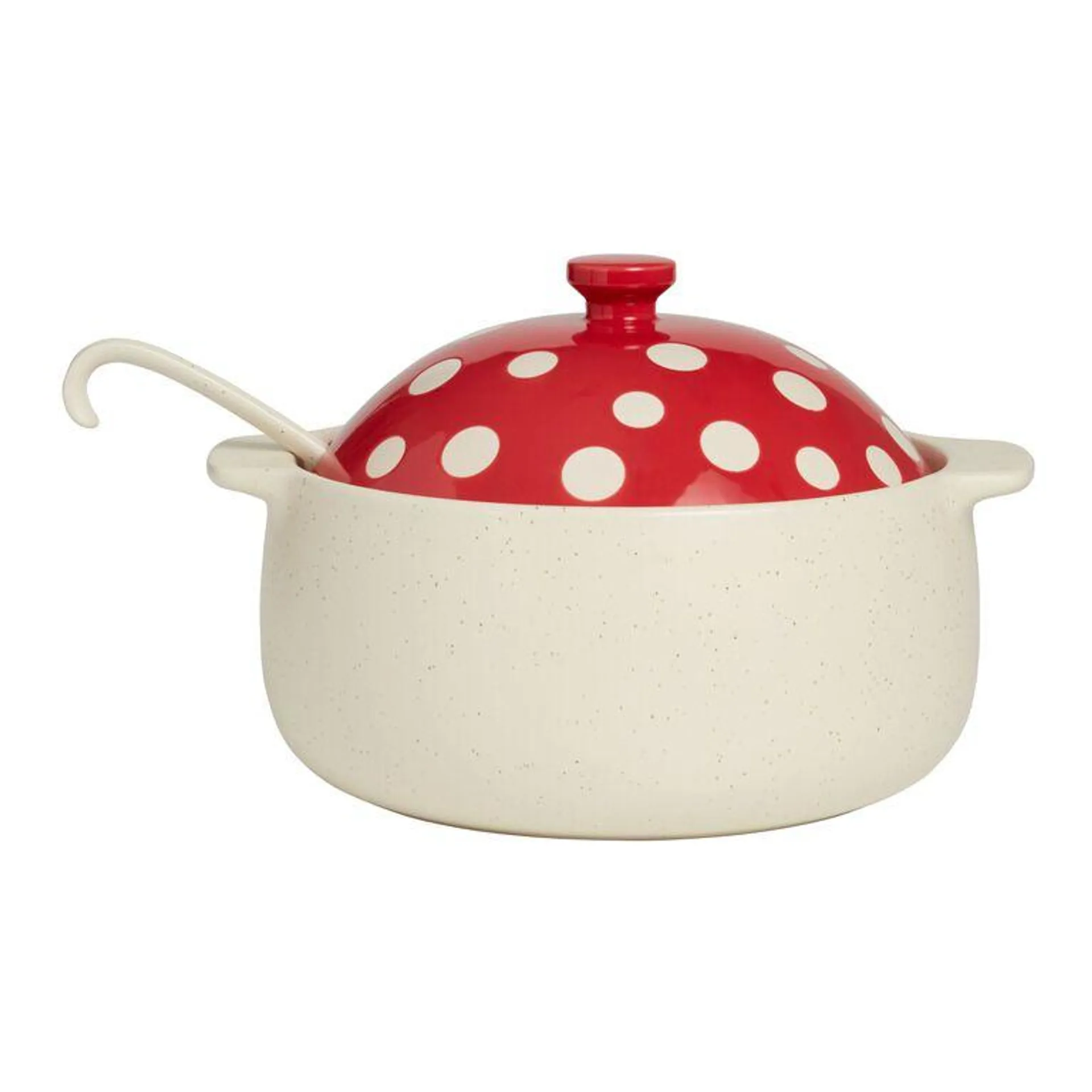 Red Ceramic Mushroom Soup Tureen with Ladle