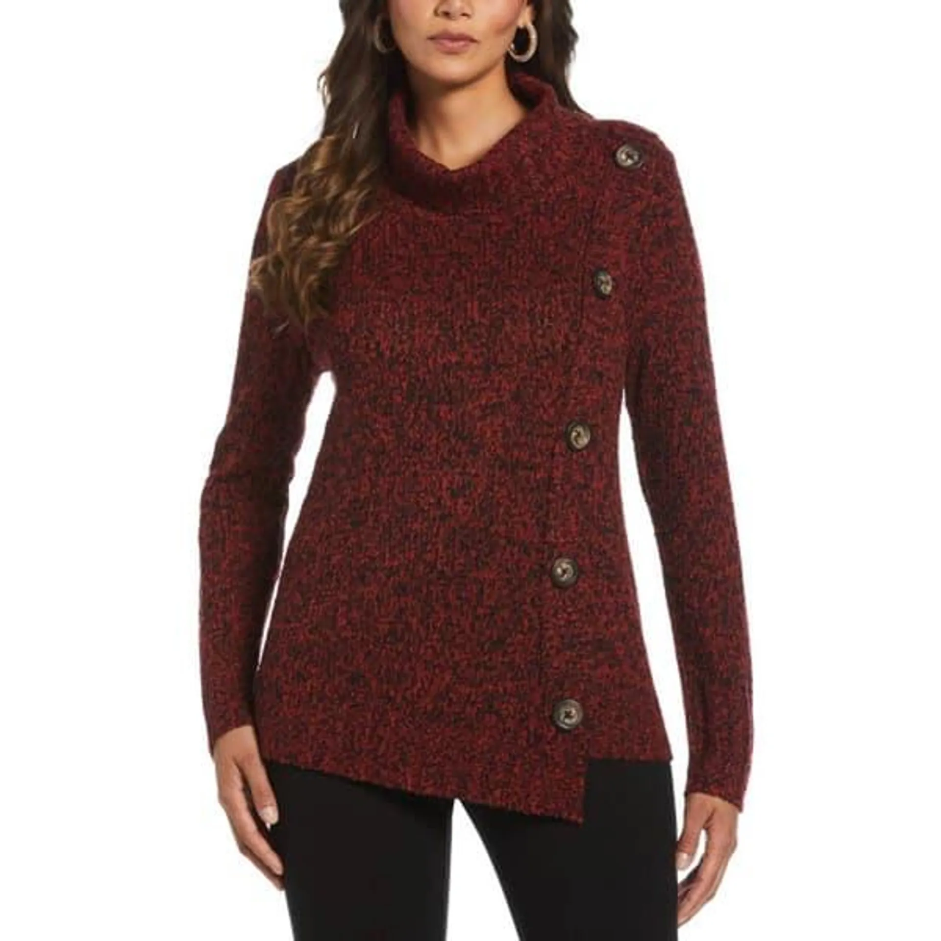 Womens Rafaella® Marled Boucle Asymmetrical Button Sweater