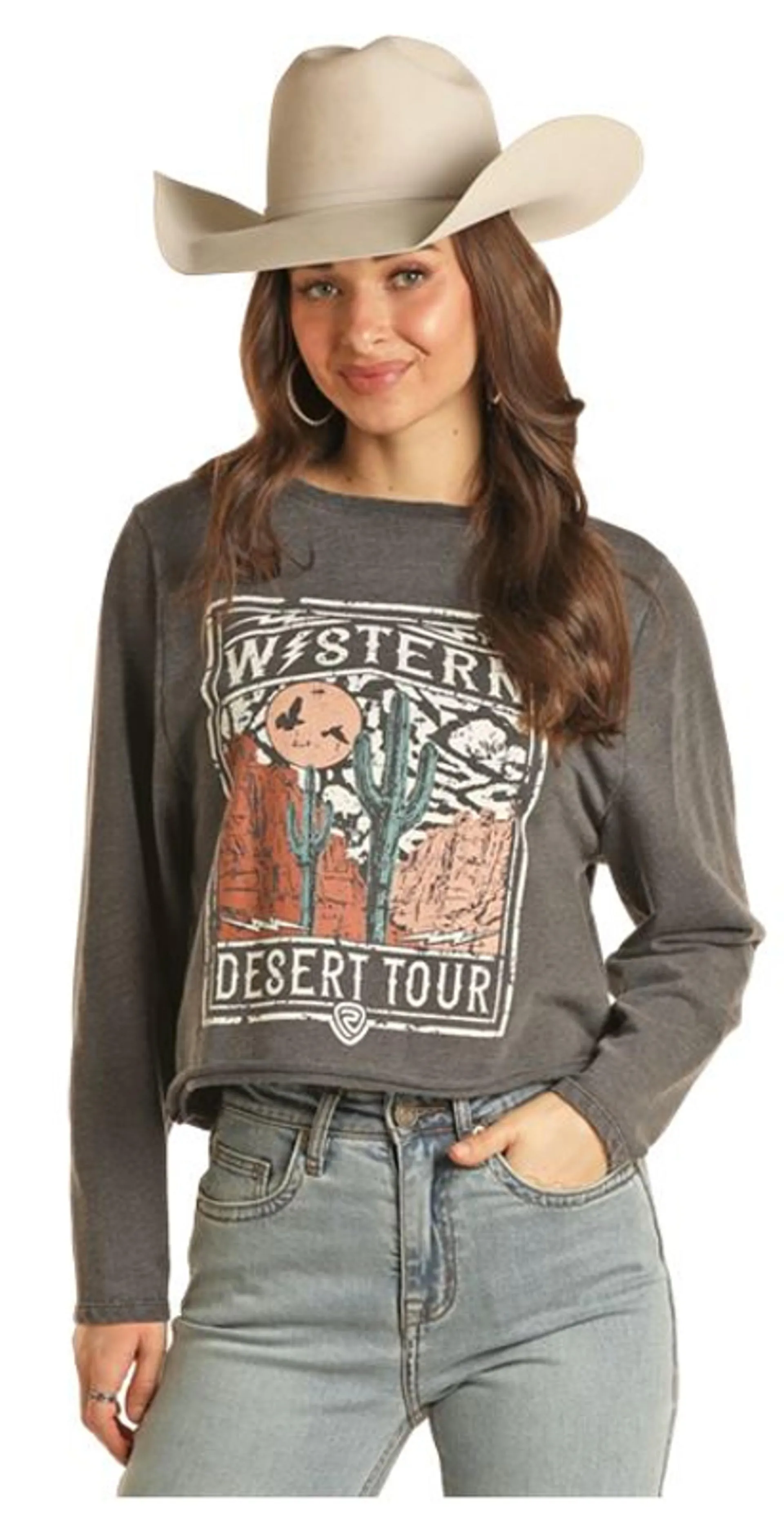 Rock & Roll Cowgirl Women's Black Western Desert Tour Graphic Long Sleeve Pullover