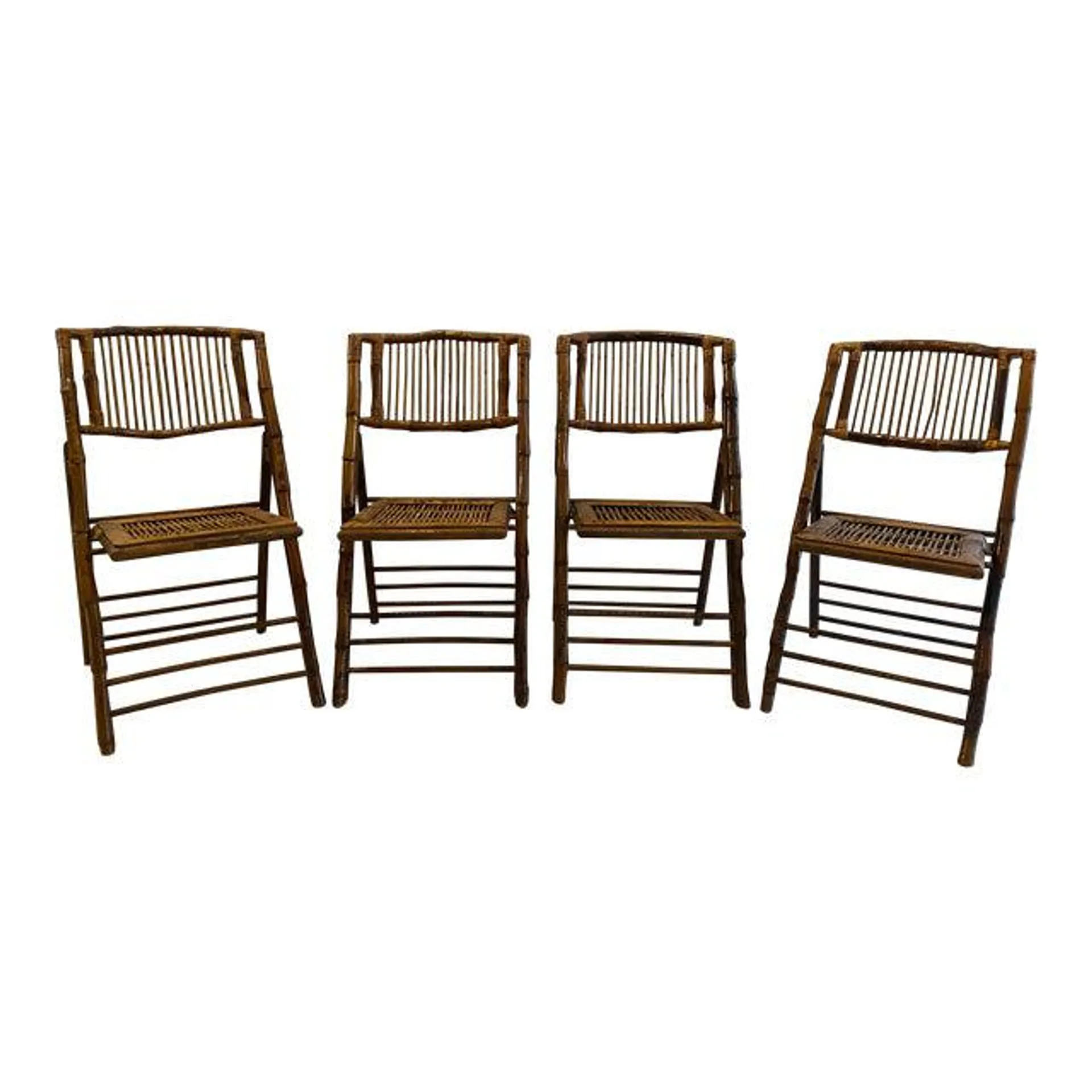 1970s Vintage Scorched Bamboo Folding Chairs - Set of 4