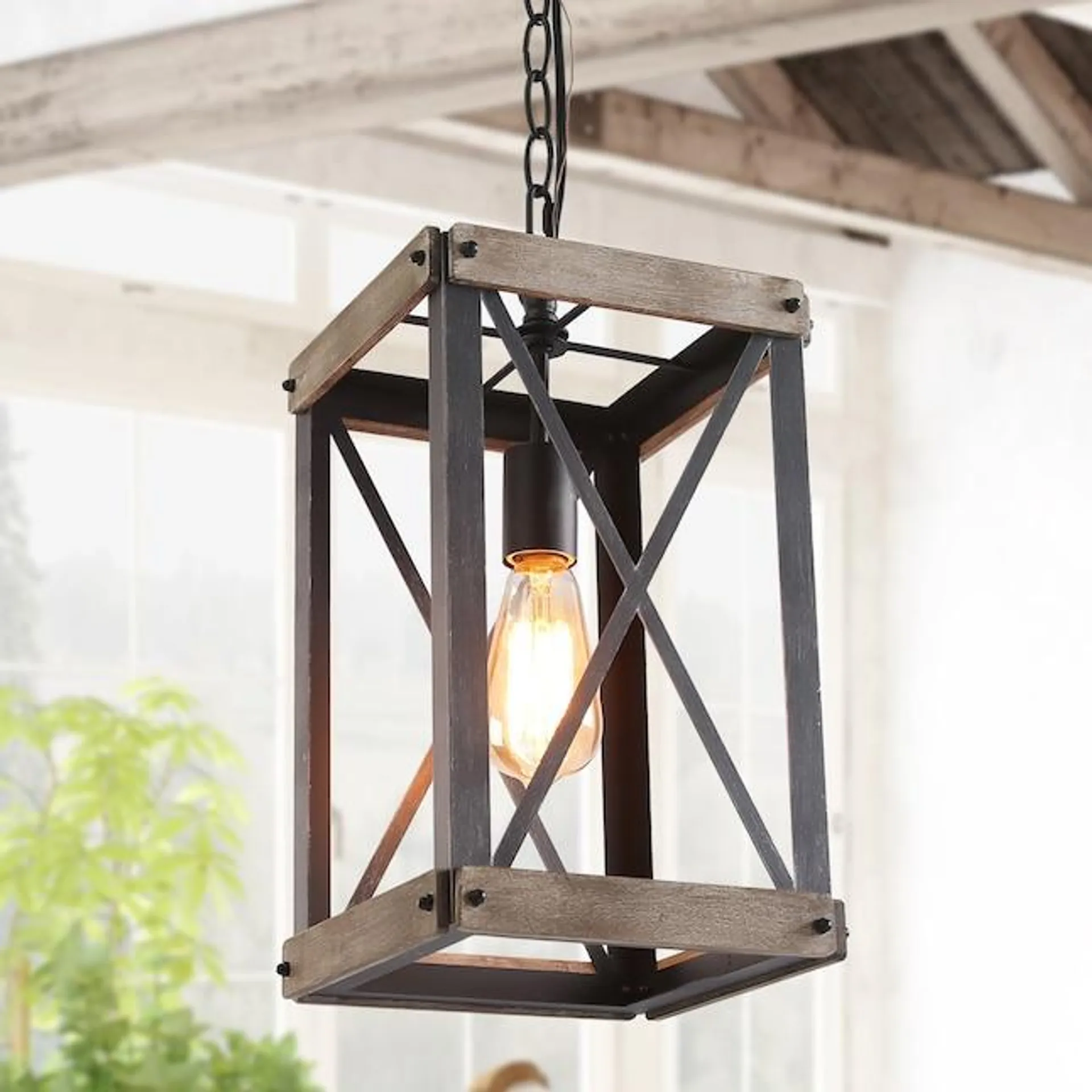 LNC Laius 1-light Solid Pine Wood and Matte Black Farmhouse Lantern LED Mini Hanging Kitchen Island Light