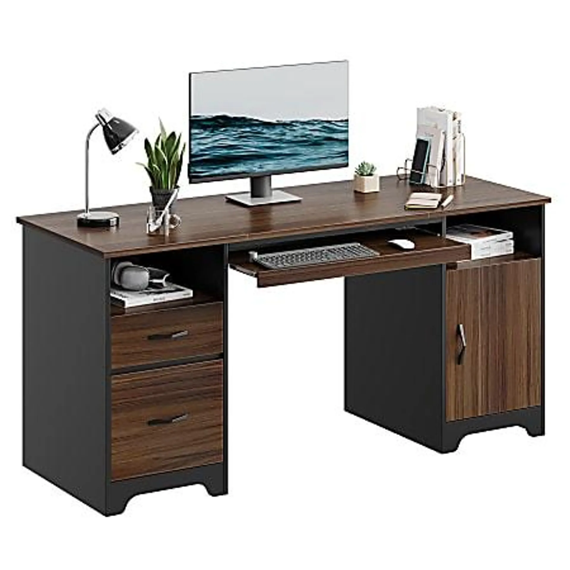 Bestier 59"W Executive Computer Desk With Open Storage & Cabinet, Cherry