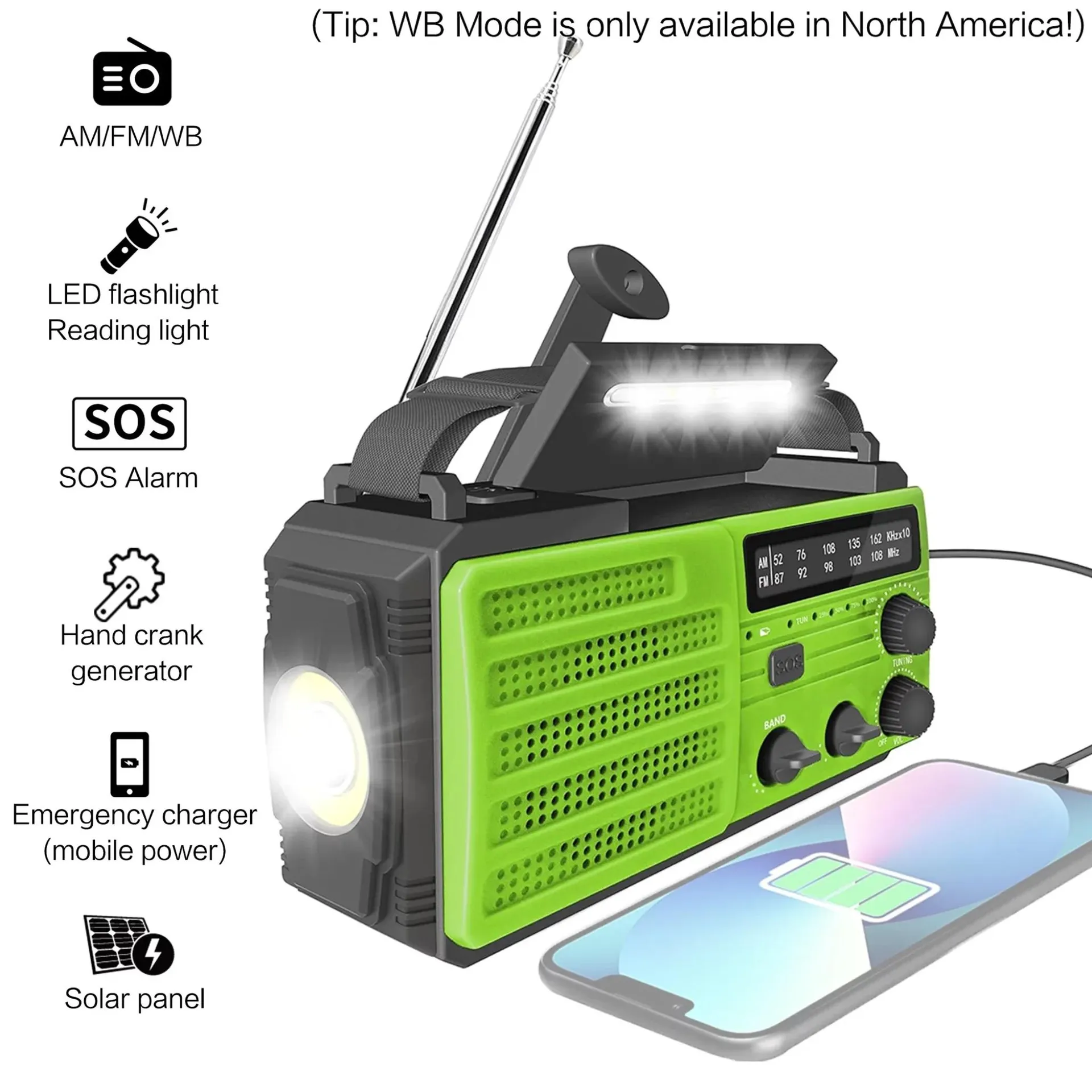 Puede recibir AM/FM/WB, linterna para exteriores, se puede cargar con manivela, carga solar y carga USB-C, con función de alarma SOS