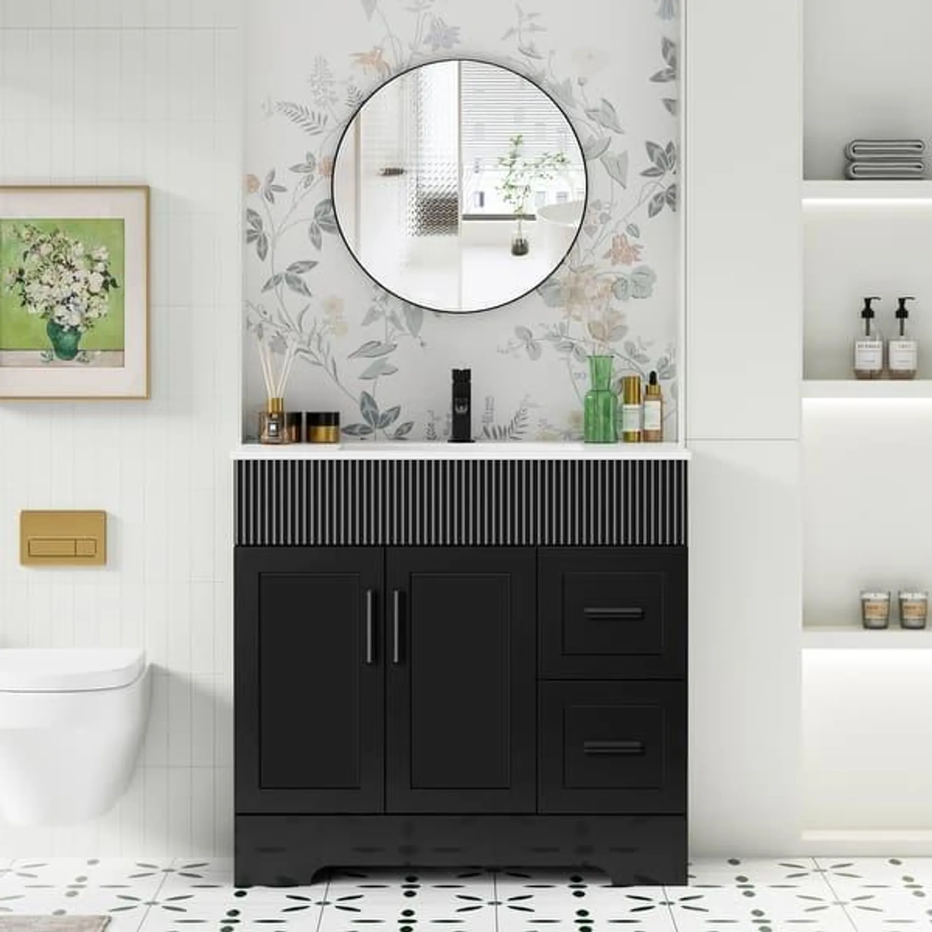 30"/36"/48" Single Bathroom Vanity Set with Drop in Sink Top with Wave Lines