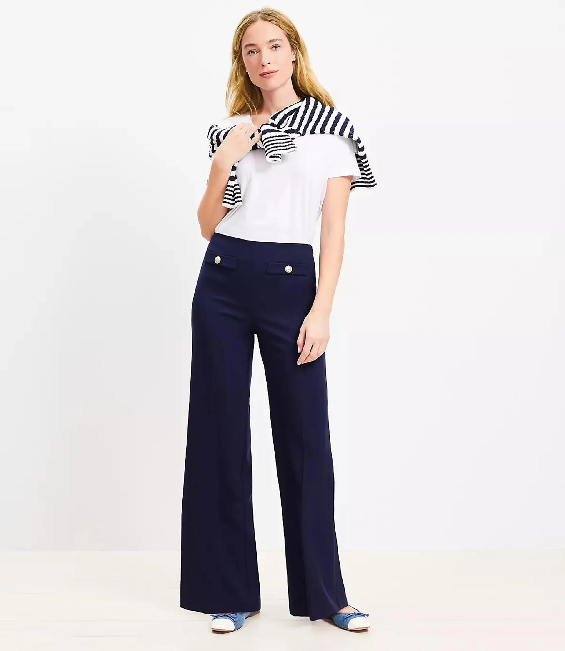 Button Trim Wide Leg Pants in Twill