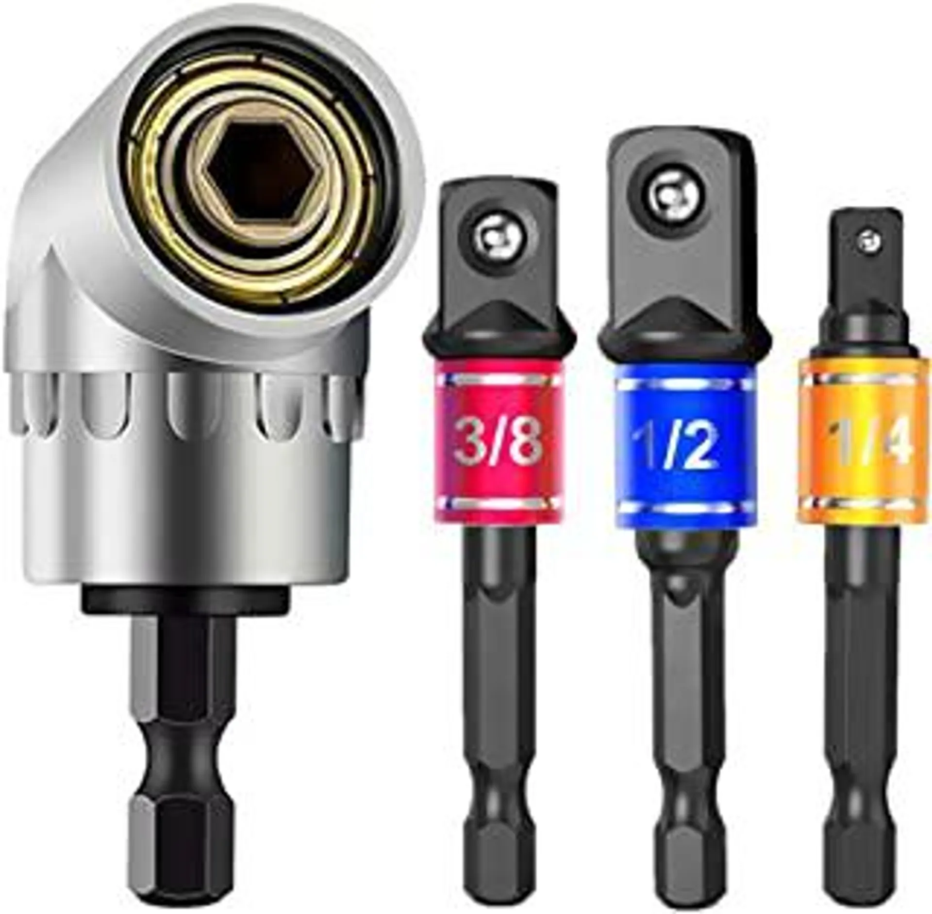 Impact Grade Power Hand Tools Driver Sockets Adapter Extension Set, 3Pcs 1/4 3/8 1/2" Hex Shank Drill Nut Driver Bit Set + 105 Degree Right Angle Driver Extension Screwdriver Drill Attachment