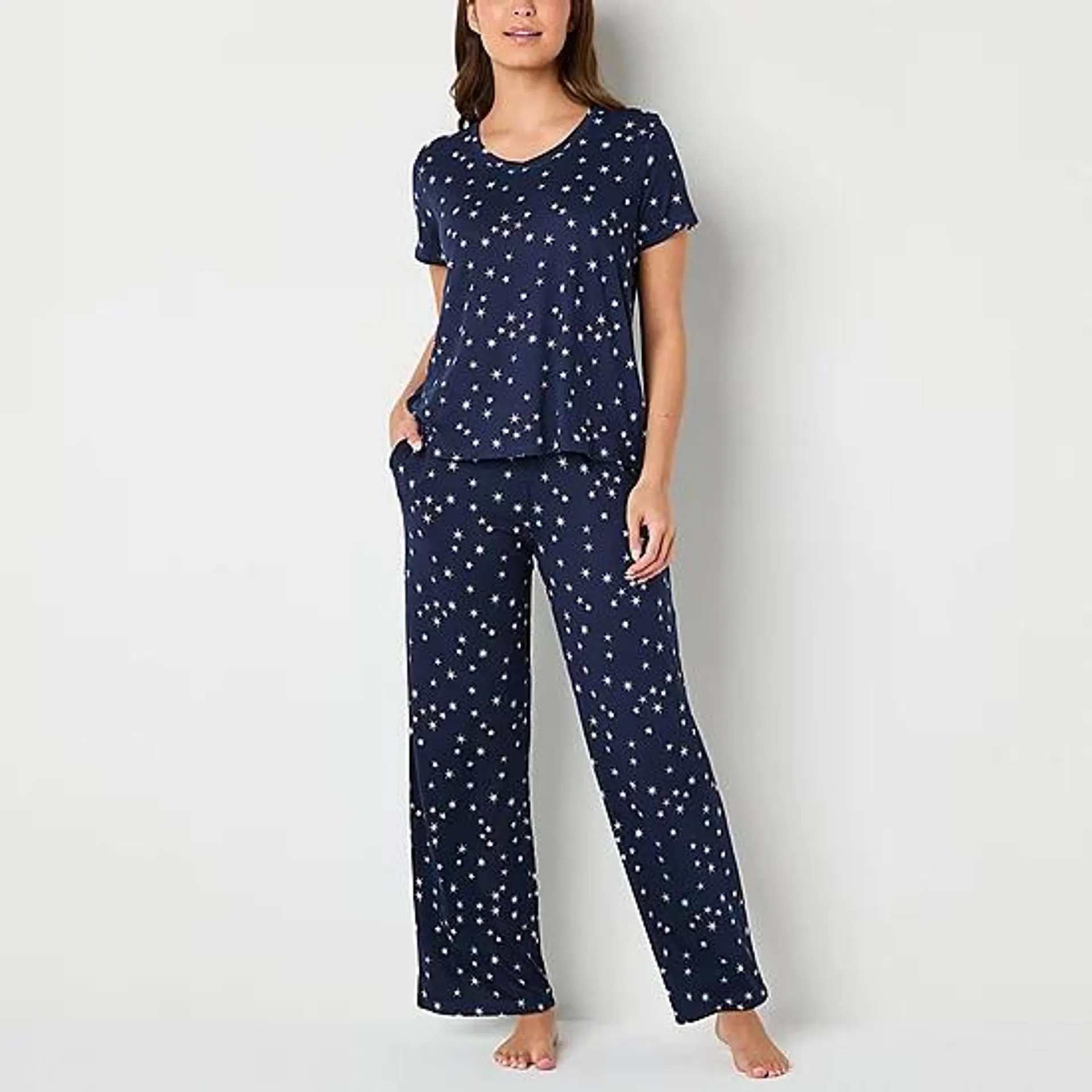 new! Jaclyn Womens V-Neck Short Sleeve 2-pc. Pant Pajama Set