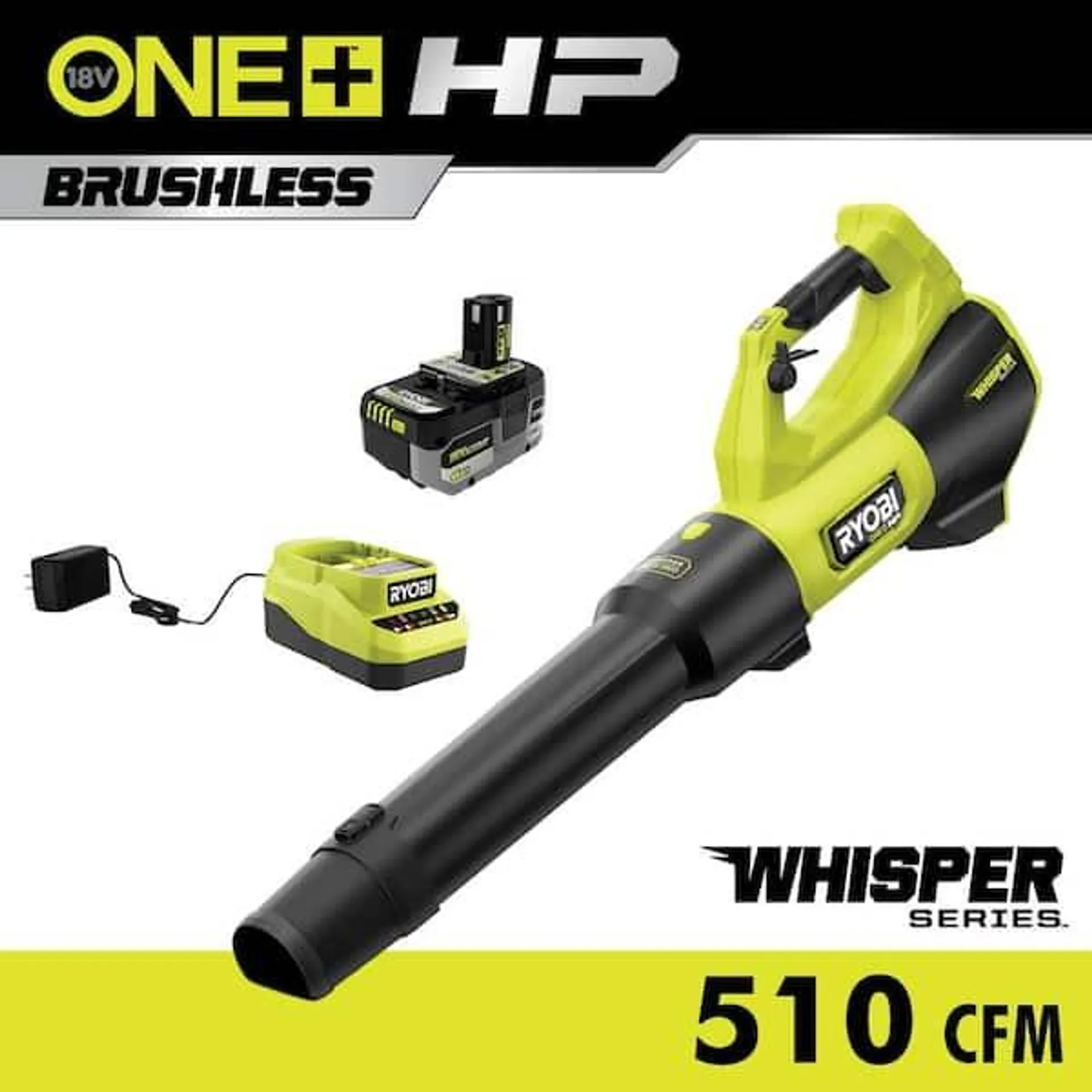 ONE+ HP 18V Brushless Whisper Series 130 MPH 510 CFM Cordless Battery Leaf Blower with 6.0 Ah Battery and Charger