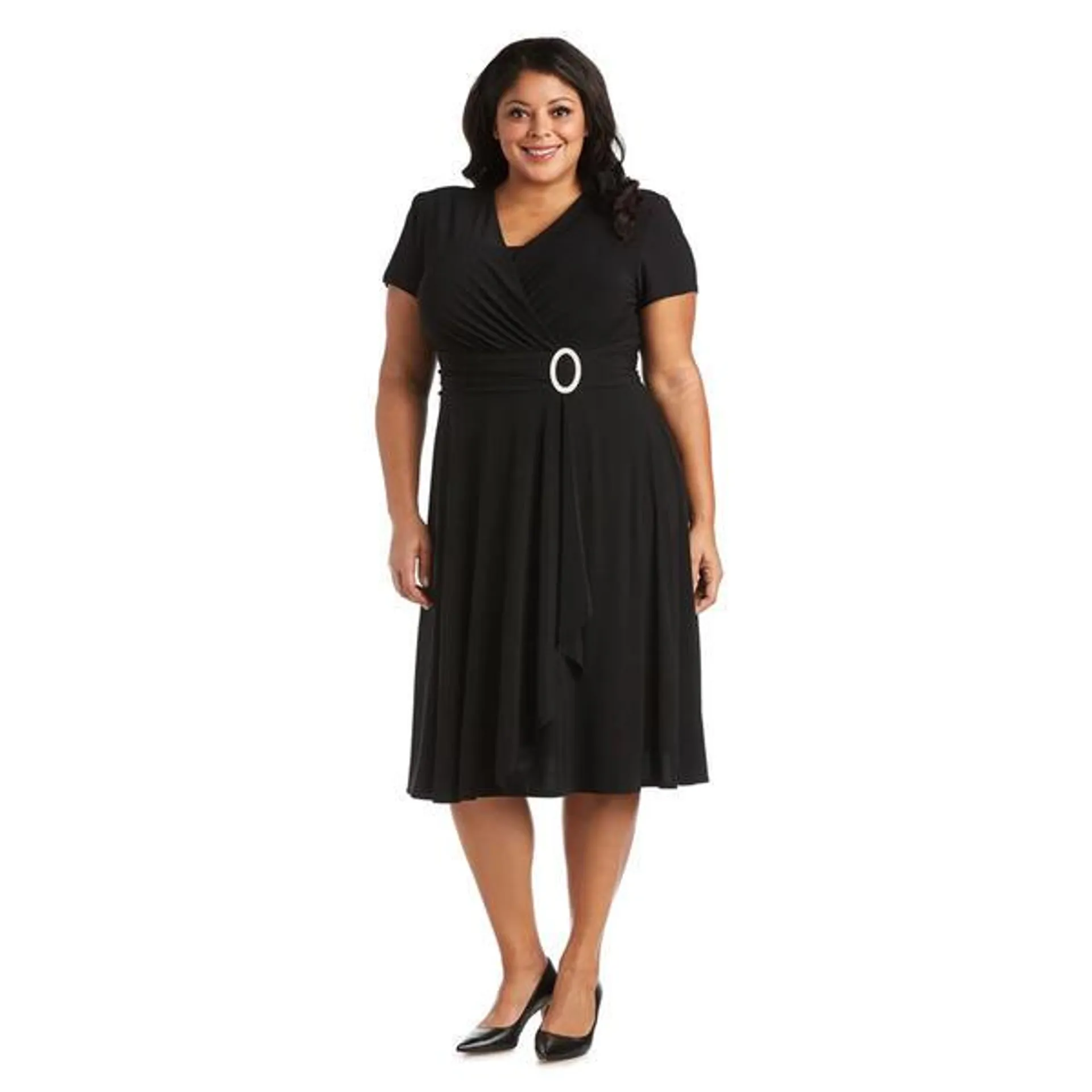 Plus Size R&M Richards Short Sleeve Ruched Rhinestone Trim Dress