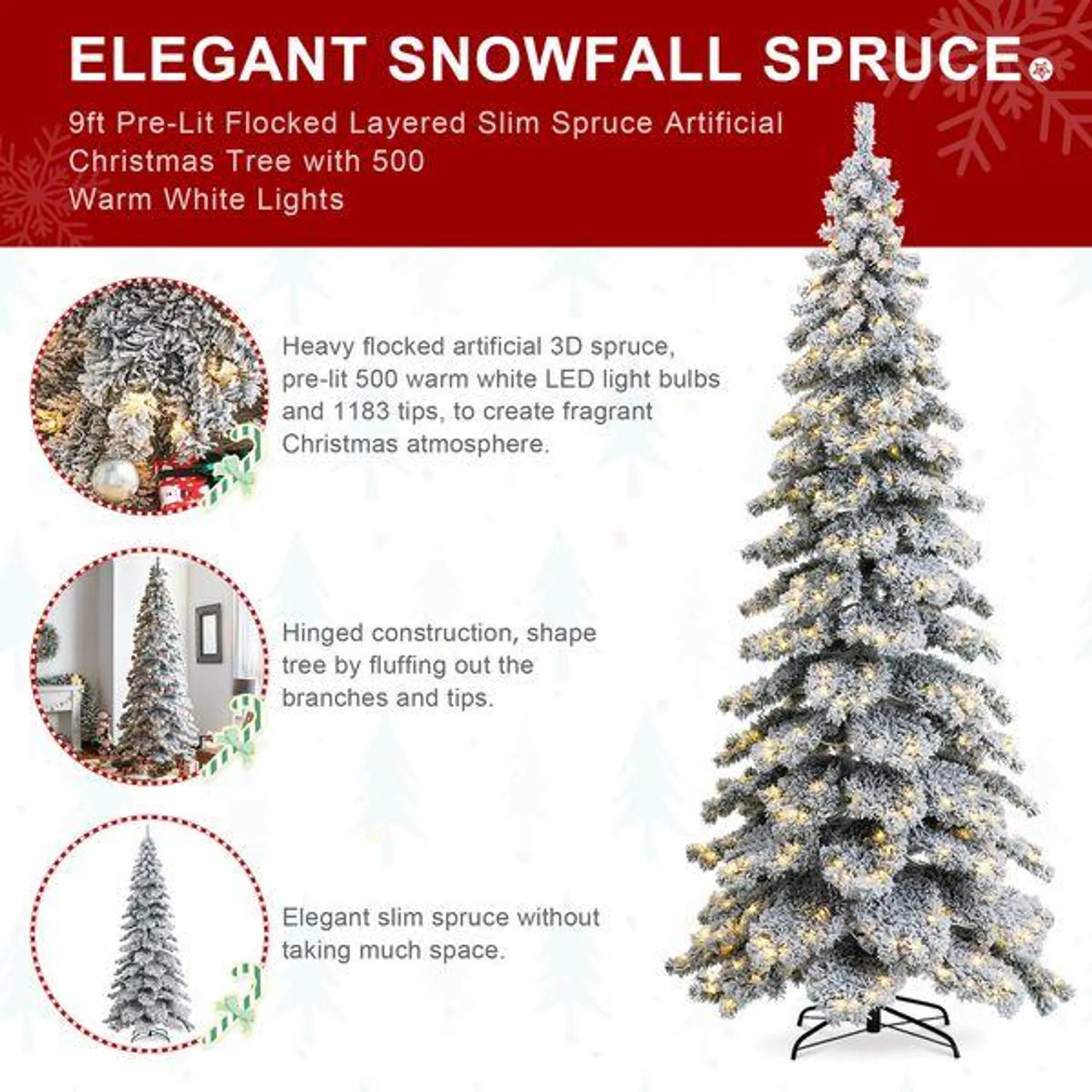 9ft Pre-Lit Flocked Layered Spruce Artificial Christmas Tree with 500 Warm White Lights