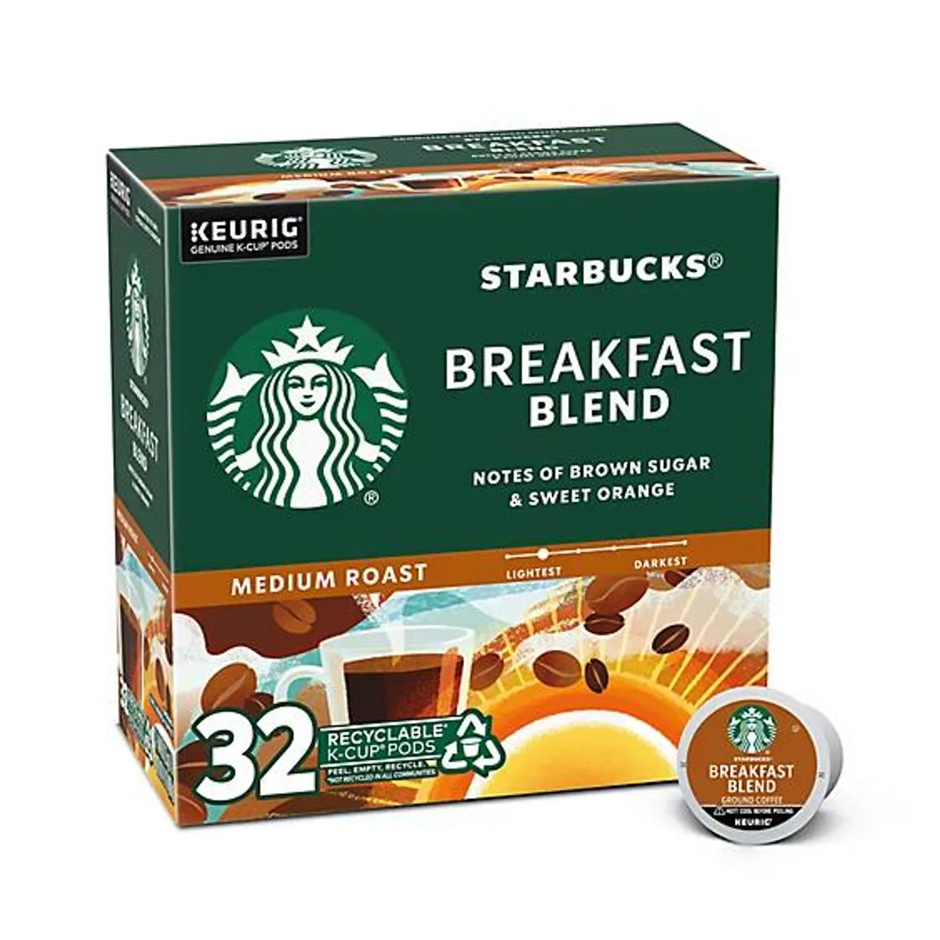 Starbucks Breakfast Blend 100% Arabica Medium Roast K Cup Coffee Pods Box 32 Count - Each