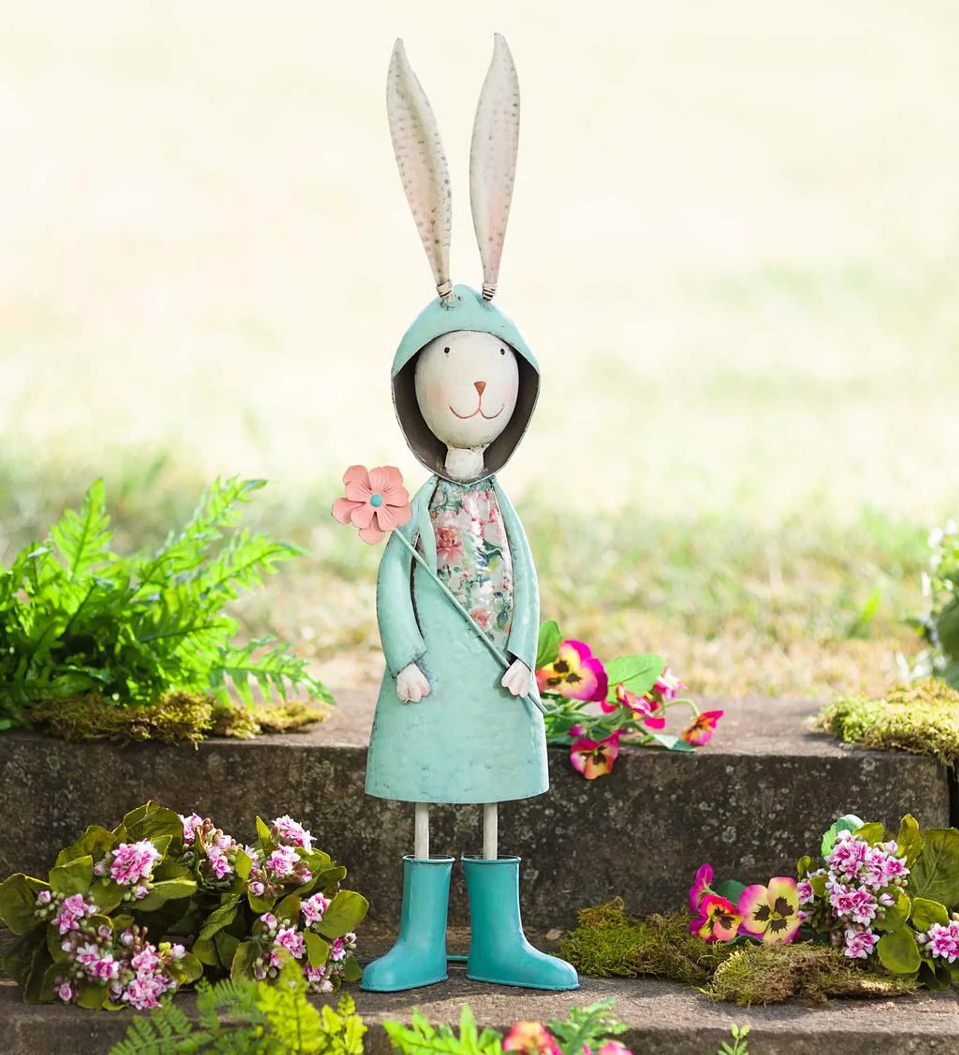 Metal Storybook Rabbit Garden Statue - Blue