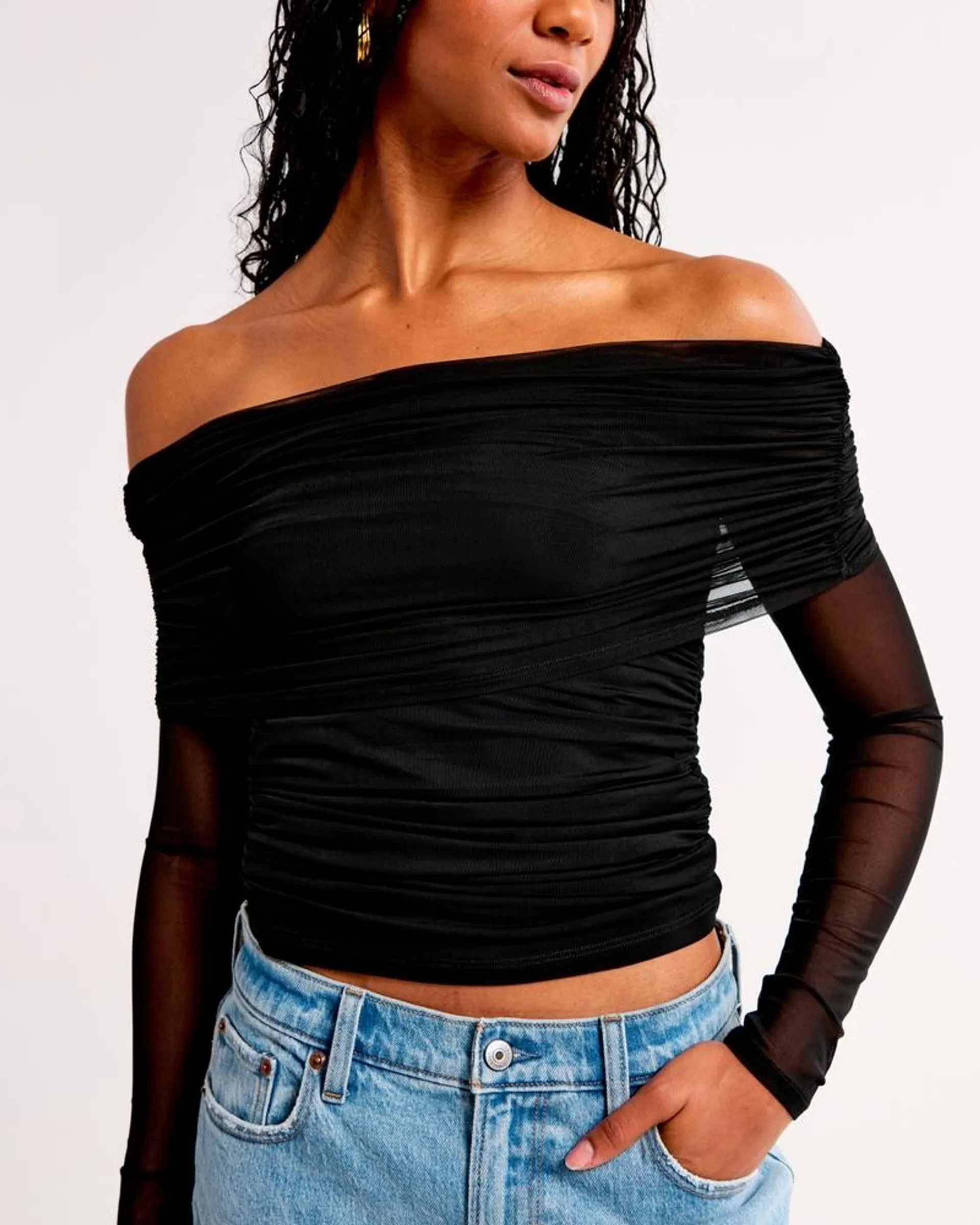 Long-Sleeve Off-The-Shoulder Mesh Top