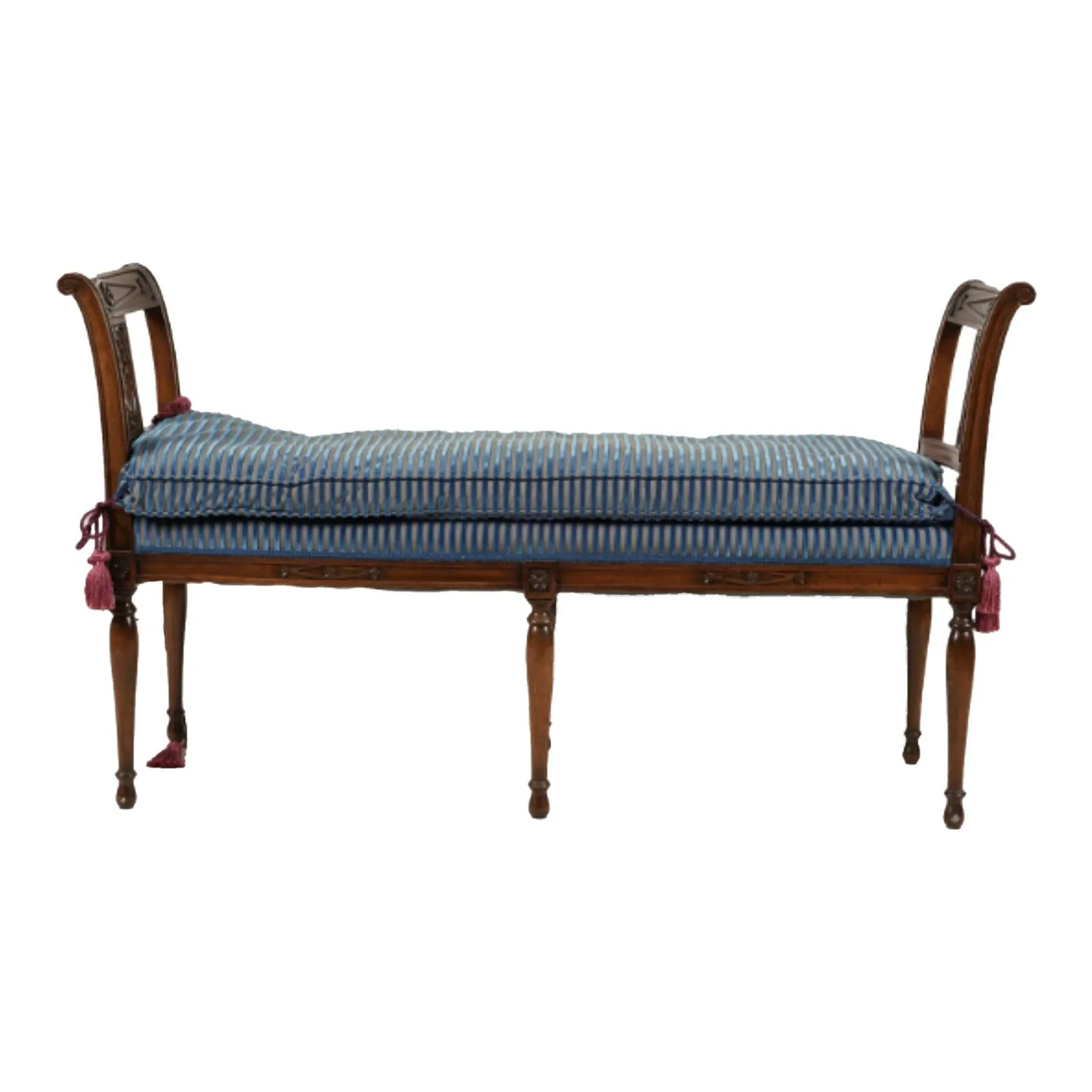 Petite Louis XVI Carved Mahogany Blue Velvet Striped Down Cushion Bench