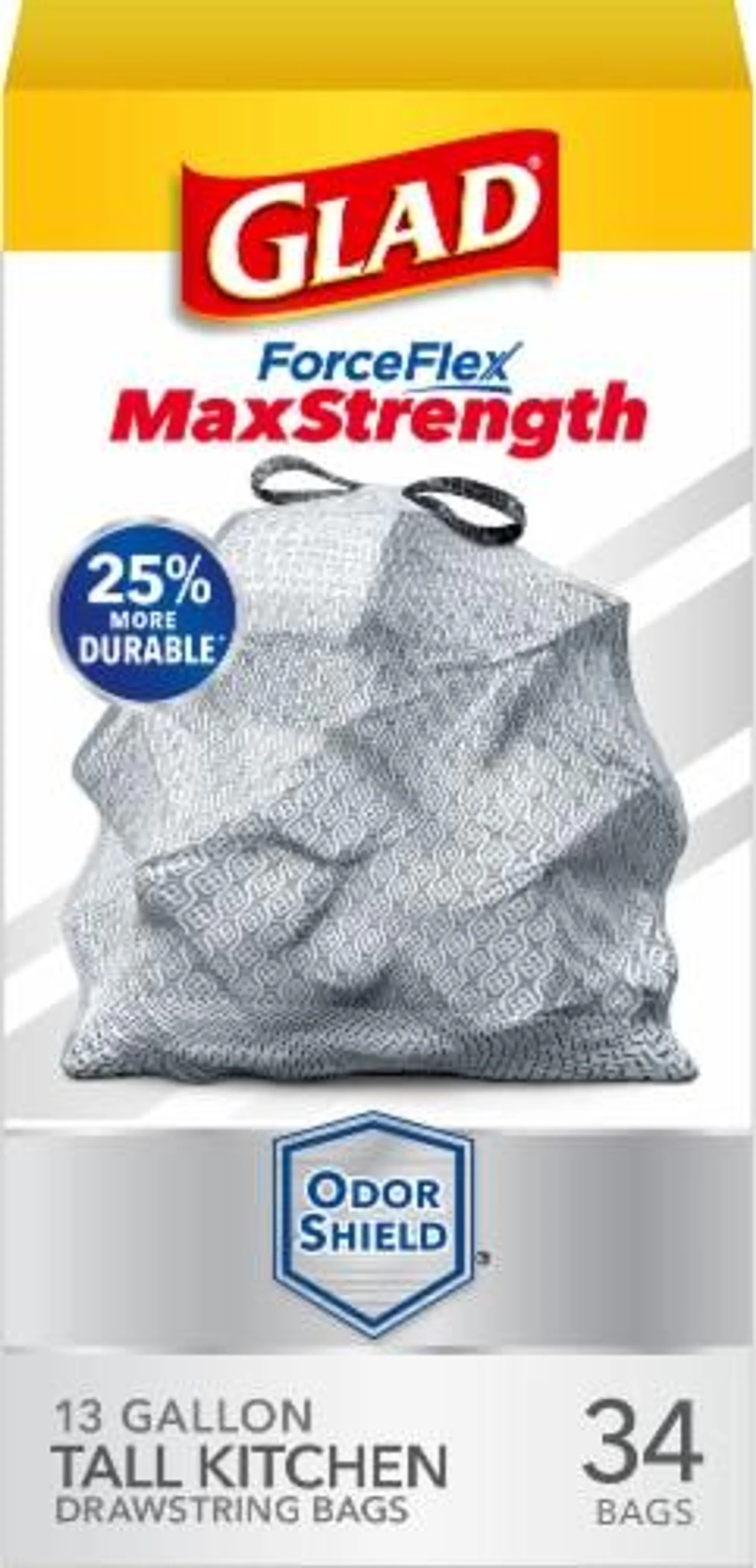 Glad ForceFlex MaxStrength Tall Kitchen Drawstring Trash Bags Odor Shield