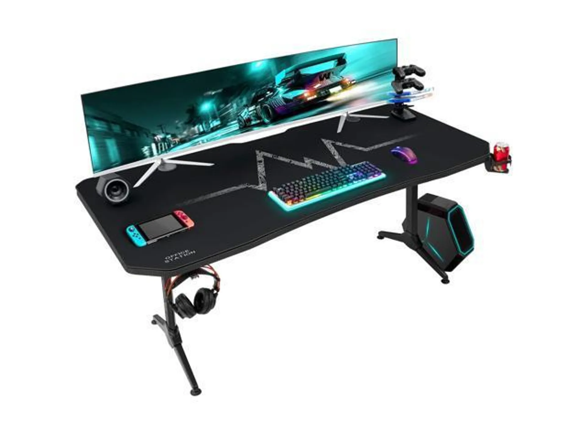 Furmax 63 Inch Gaming Desk Y-Shaped PC Computer Table with Carbon Fiber Surface Free Mouse Pad Home Office Desk Gamer Table with Game Handle Rack Headphone Hook and Cup Holder (Black)