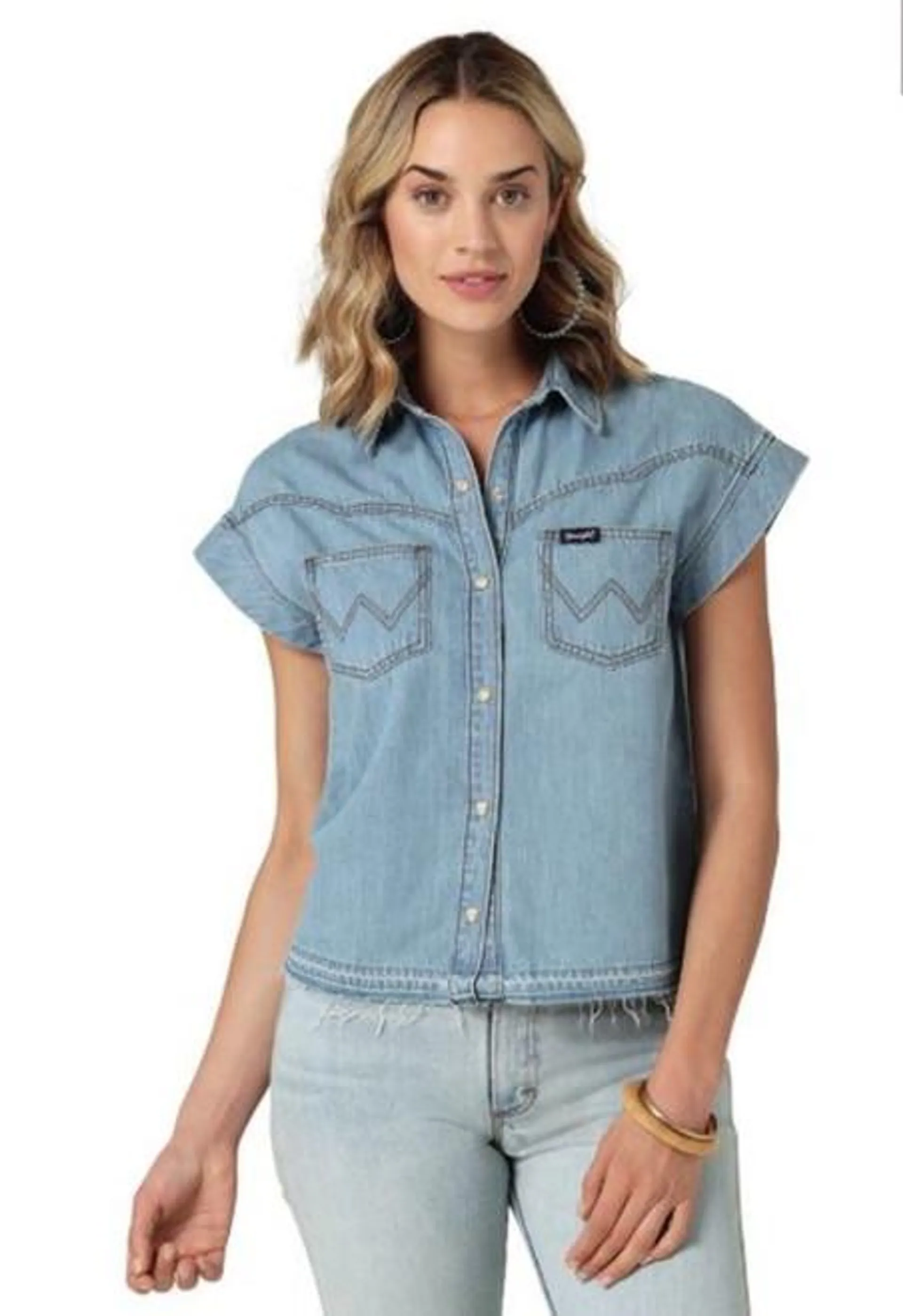 Wrangler Mens Short Sleeve Snap Denim Shirt