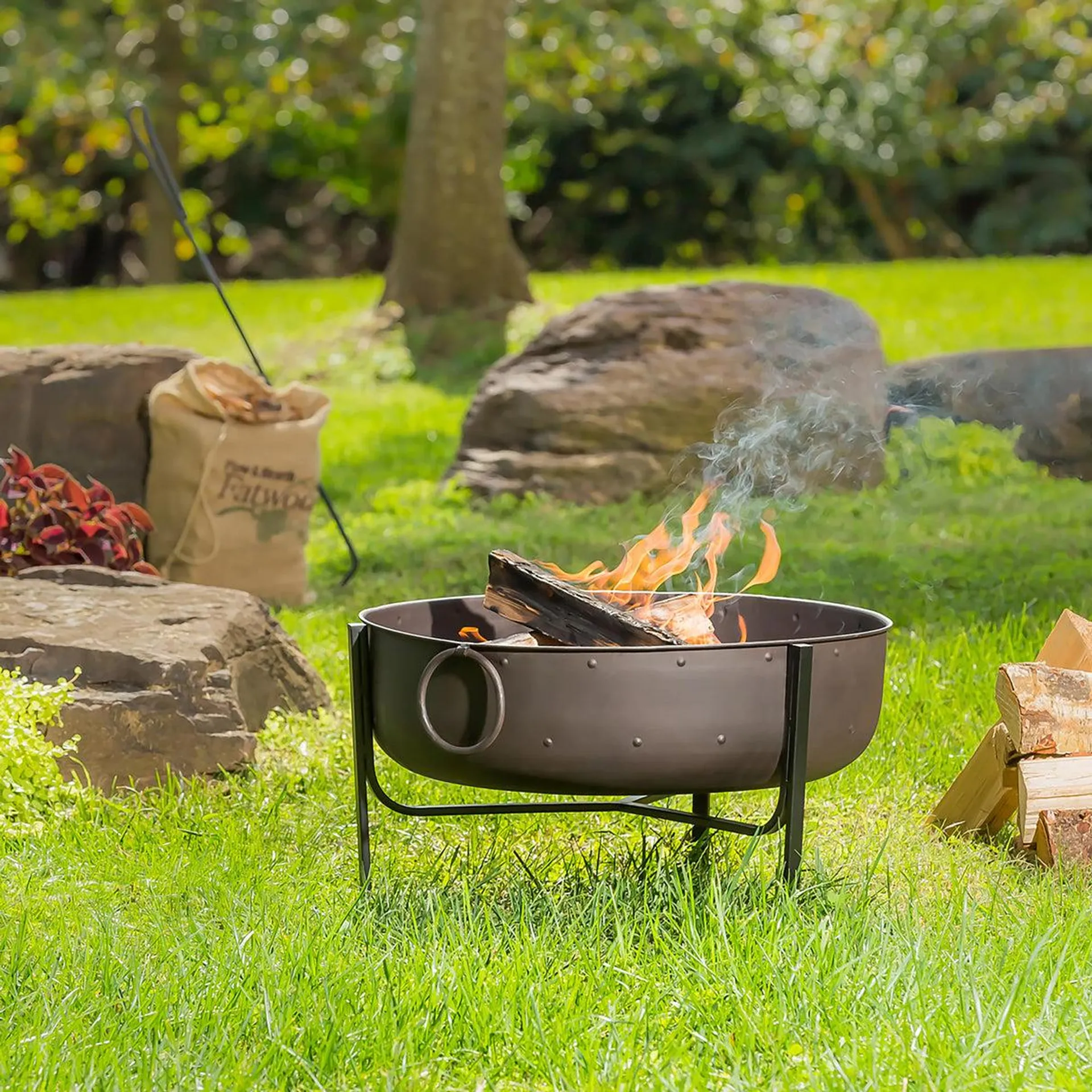 Wood-Burning Fire Pit Bowl with Iron Loop Handles