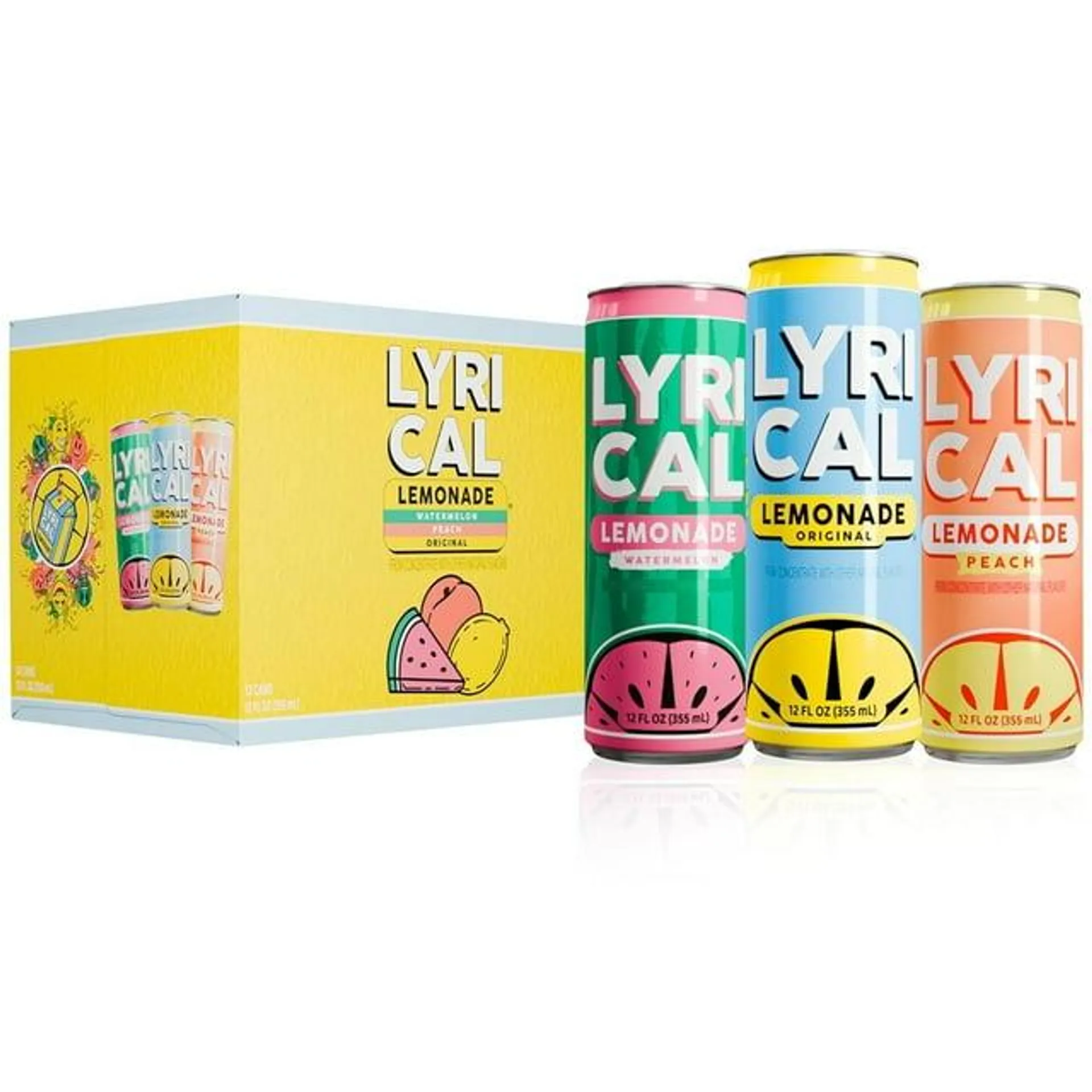 Lyrical Lemonade, 3 Flavor Juice Drink Variety Pack (Original, Watermelon, Peach), 12 fl oz, 12 Pack Cans