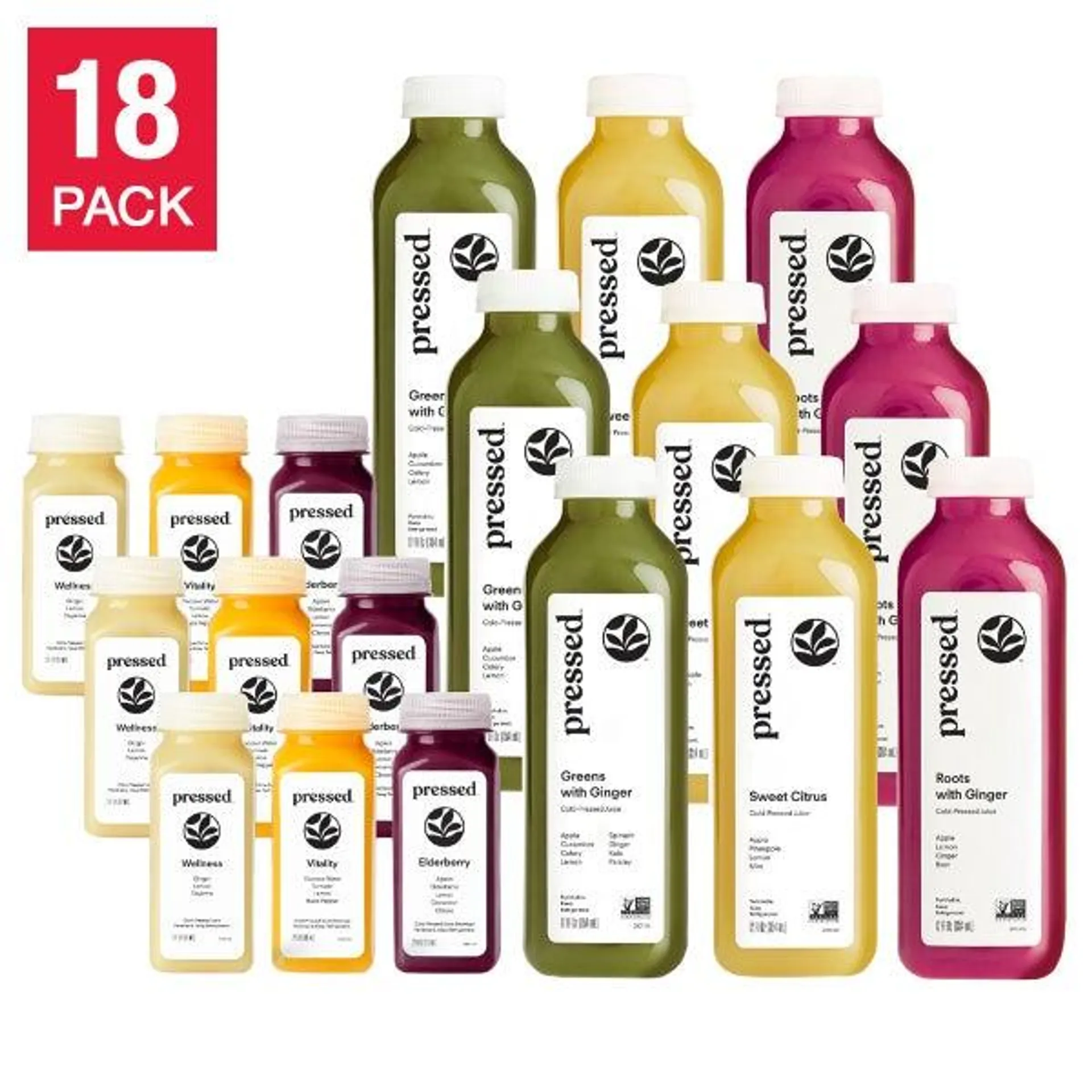 Pressed Cold-Pressed Juice & Shot Bundle -18 Bottles, 9 Juices & 9 Shots