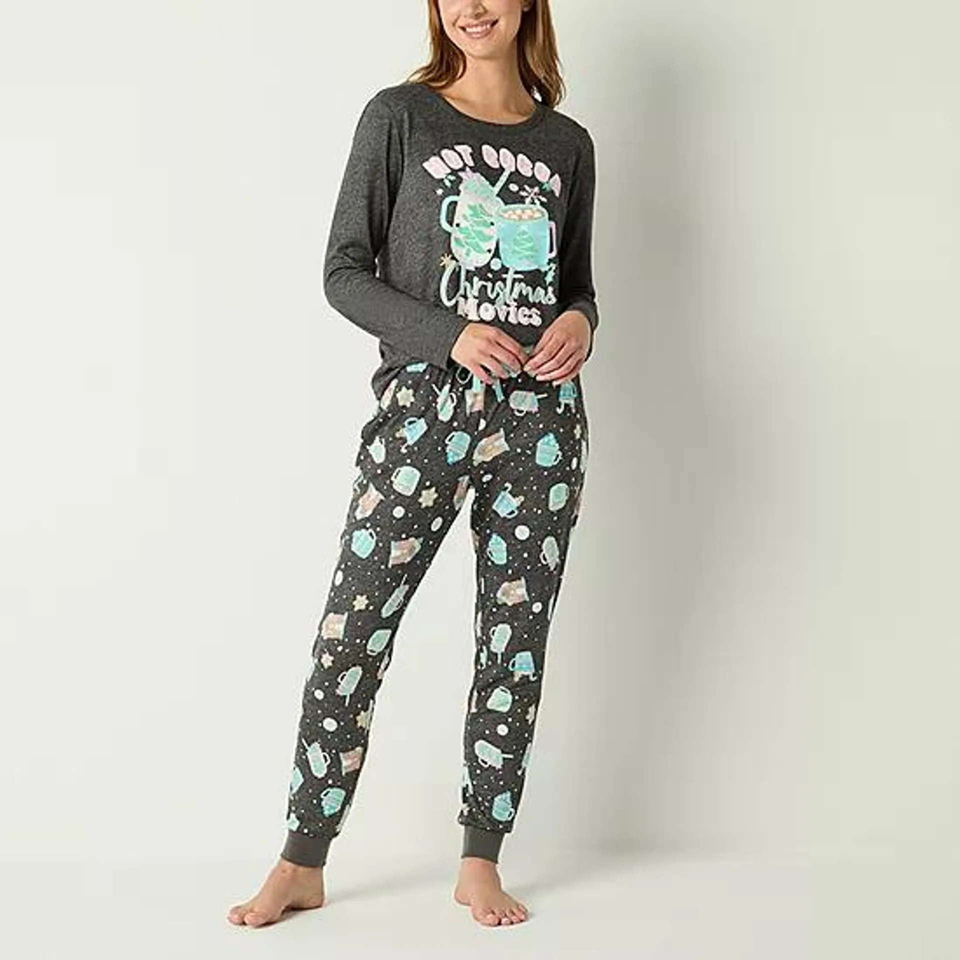 Sleep Chic Womens Crew Neck Long Sleeve 2-pc. Pant Pajama Set