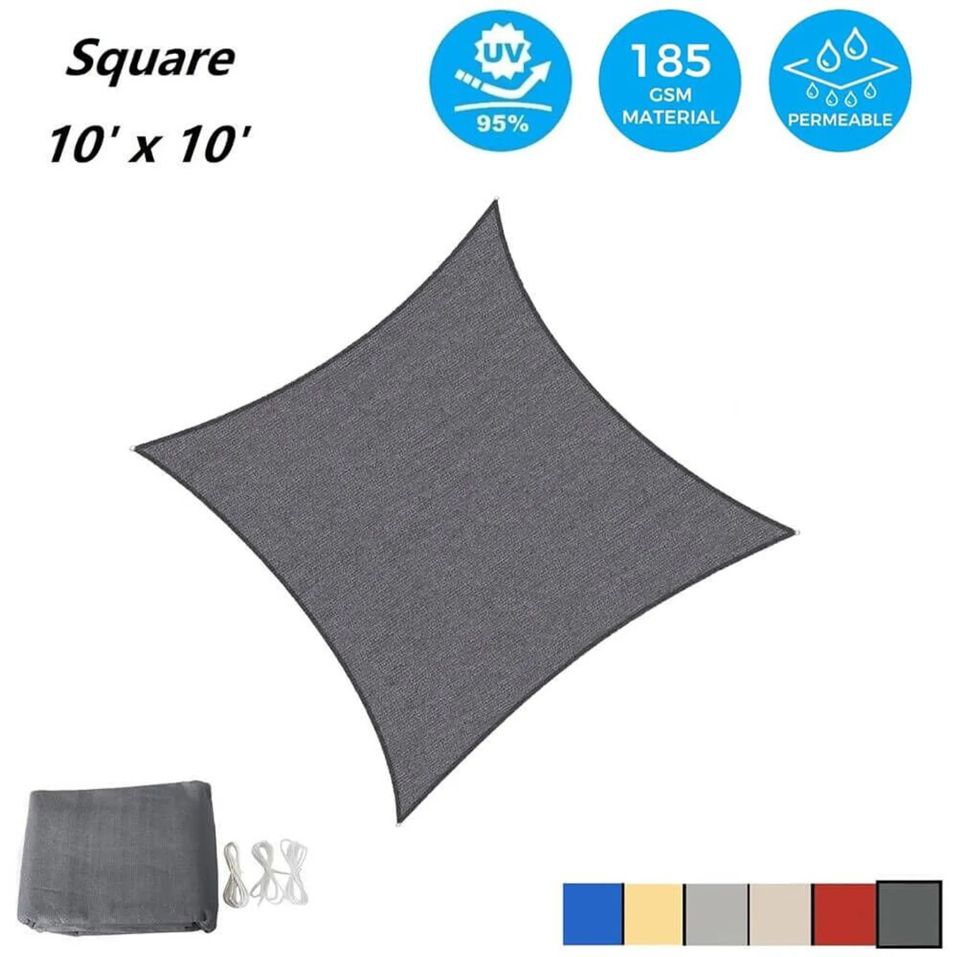 AsterOutdoor Square Sun Shade Sail, 10’ x 10’, Graphite