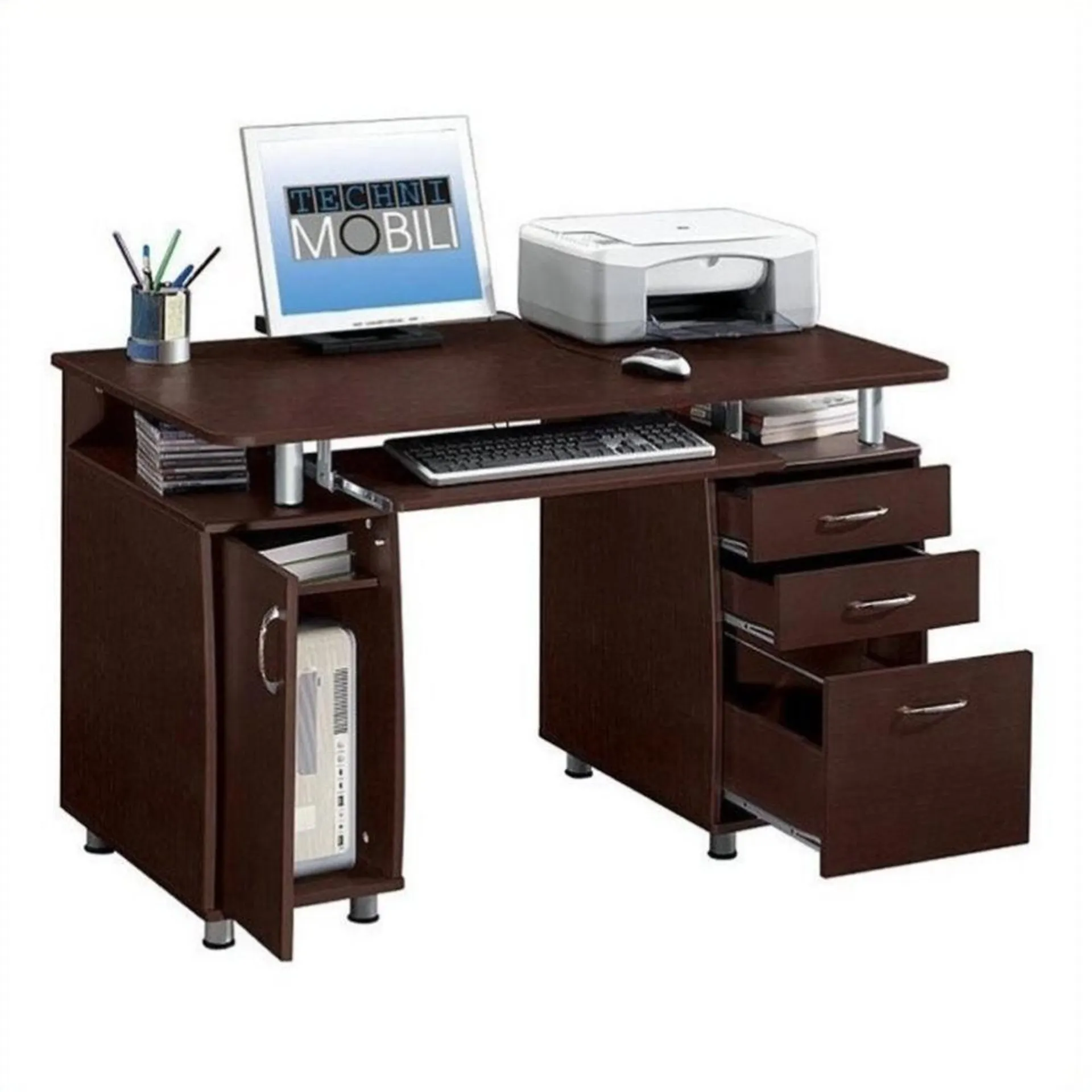 Techni Mobili Complete Computer Desk with File Cabinet - Chocolate