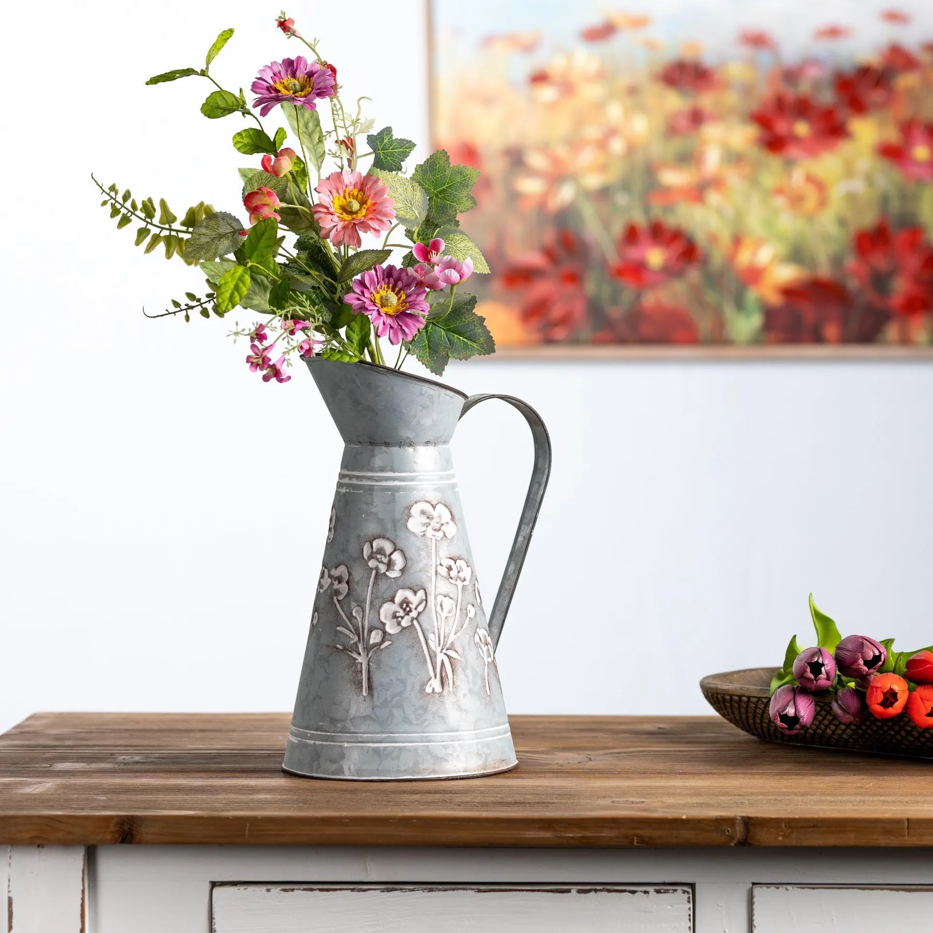 Floral Stamped Metal 12.5" Pitcher Vase