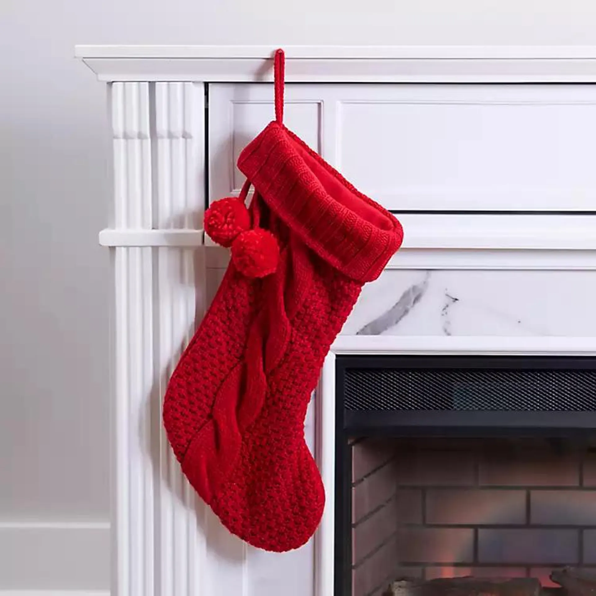 Red Knit Stocking with Poms