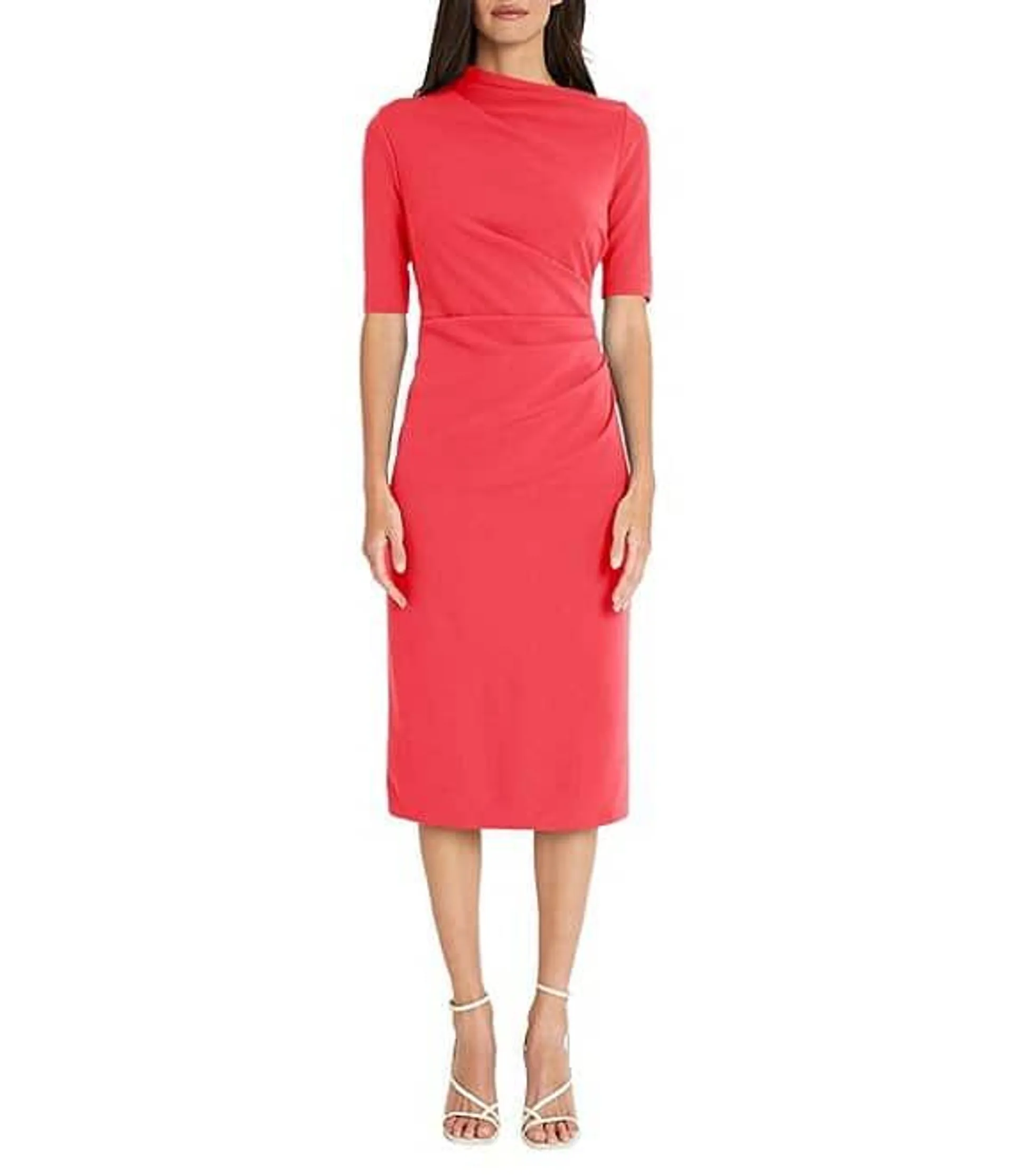 Mock Neck Short Sleeve Draped Midi Sheath Dress