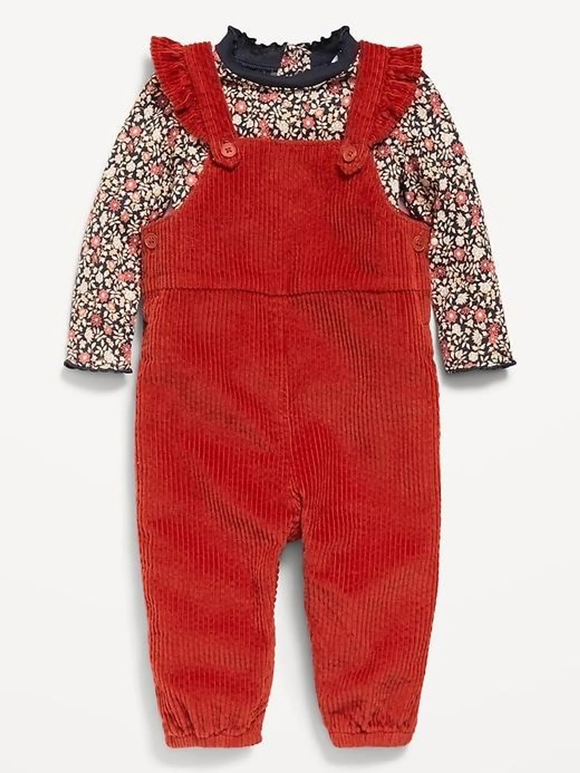 Ruffle-Trim T-Shirt and Corduroy Overalls Set for Baby