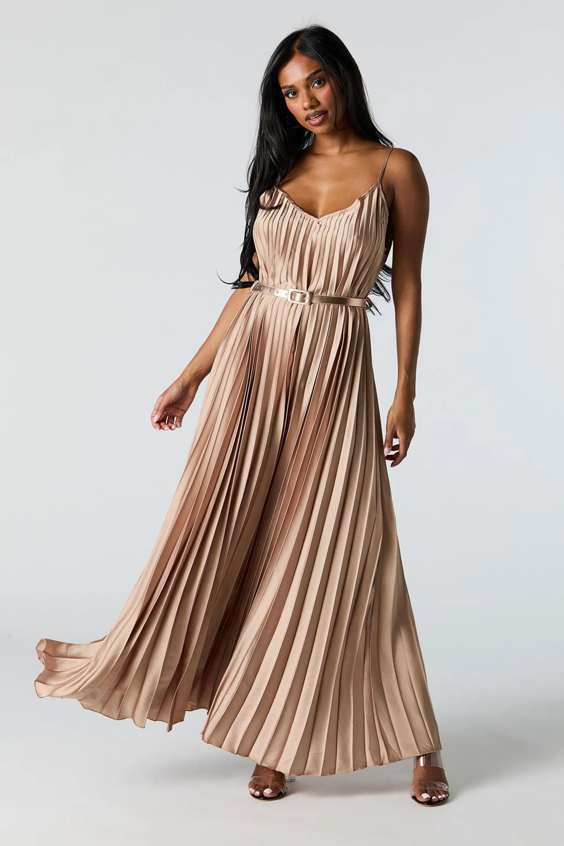 Satin Pleated Belted Maxi Dress