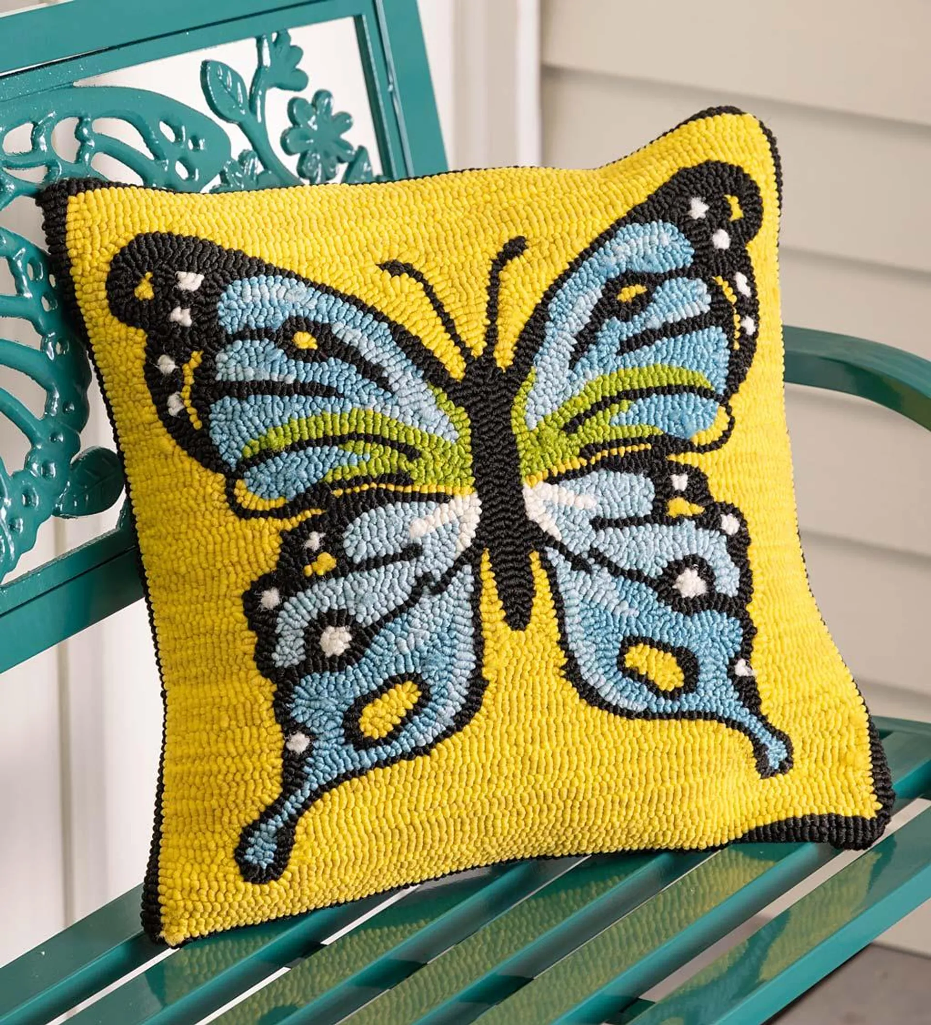 Indoor/Outdoor Yellow Butterfly Hooked Polypropylene Throw Pillow